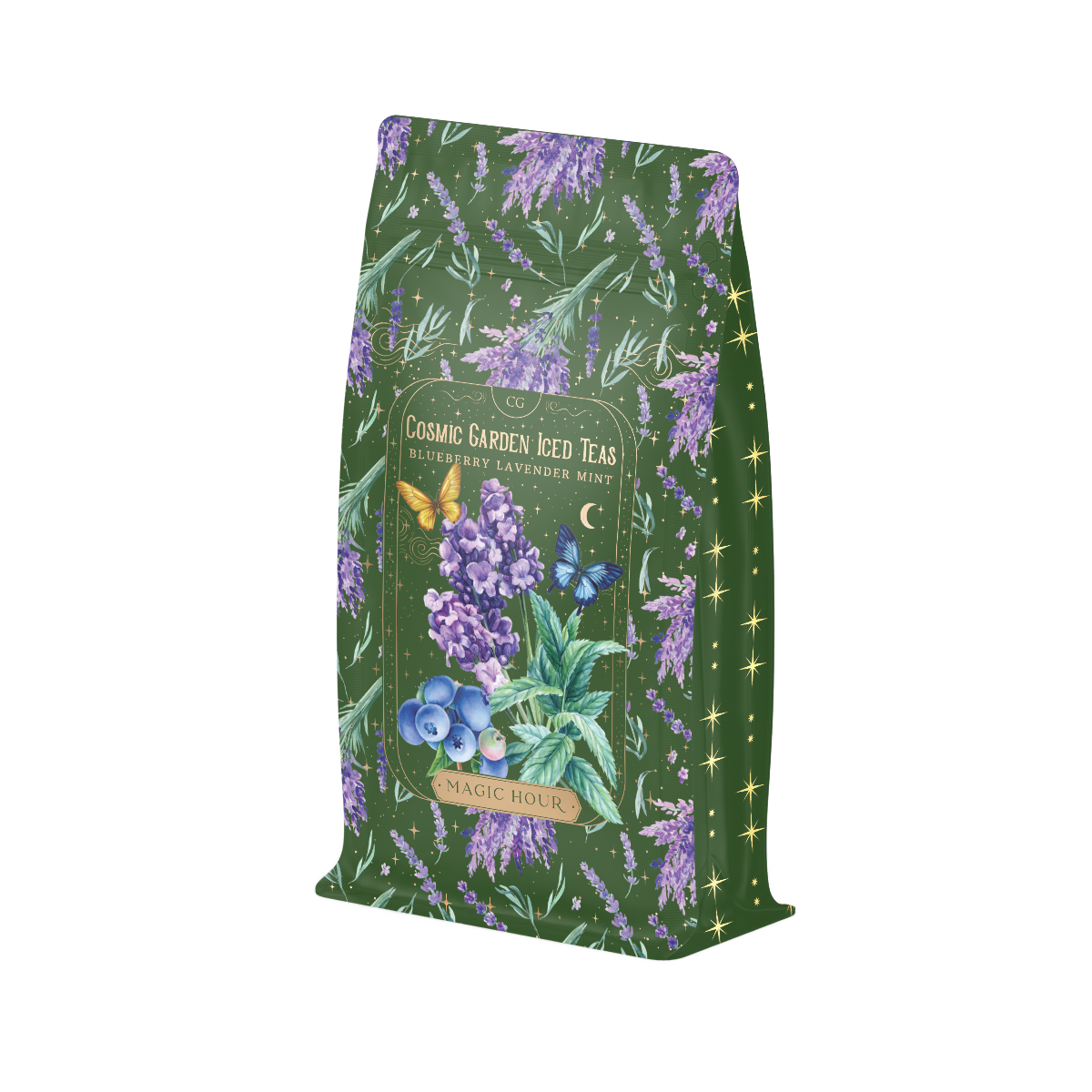 A green, floral-themed bag of Blueberry Lavender Mint: Cosmic Garden Iced Tea by Magic Hour. The packaging features illustrations of blueberries, lavender, butterflies, and stars, with the flavors listed as blackberry, lavender, and mint. Enjoy this delightful loose leaf tea blend for an organic tea experience.