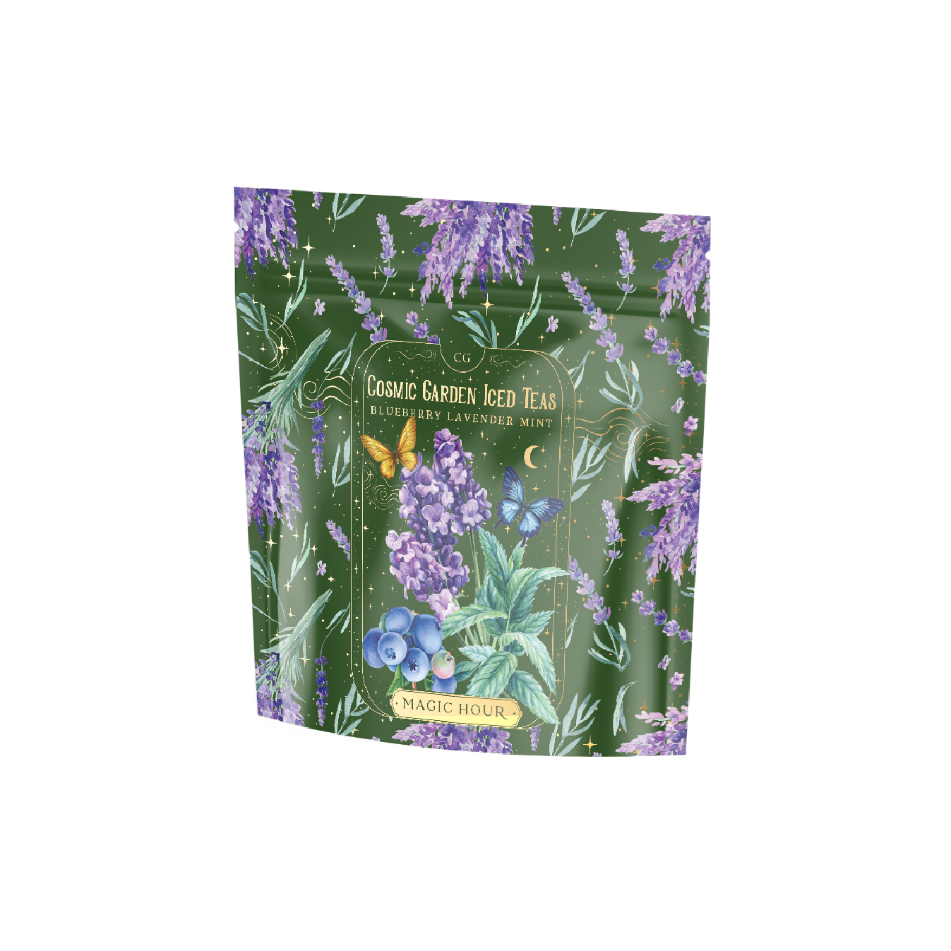 A green metallic tea packaging with colorful illustrations of lavender, mint leaves, a butterfly, and blueberries. It reads &quot;Blueberry Lavender Mint: Cosmic Garden Iced Tea.&quot; The brand &quot;Magic Hour&quot; is prominently displayed at the bottom of the pouch.