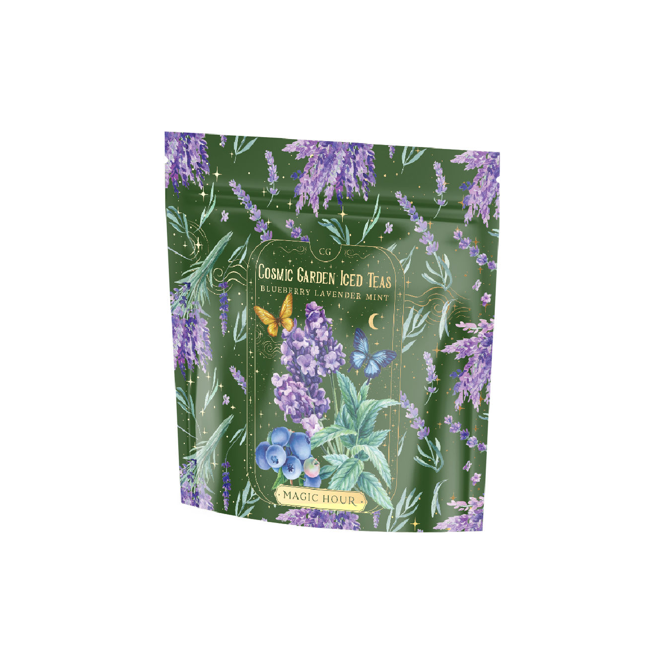 A green metallic tea packaging with colorful illustrations of lavender, mint leaves, a butterfly, and blueberries. It reads "Blueberry Lavender Mint: Cosmic Garden Iced Tea." The brand "Magic Hour" is prominently displayed at the bottom of the pouch.