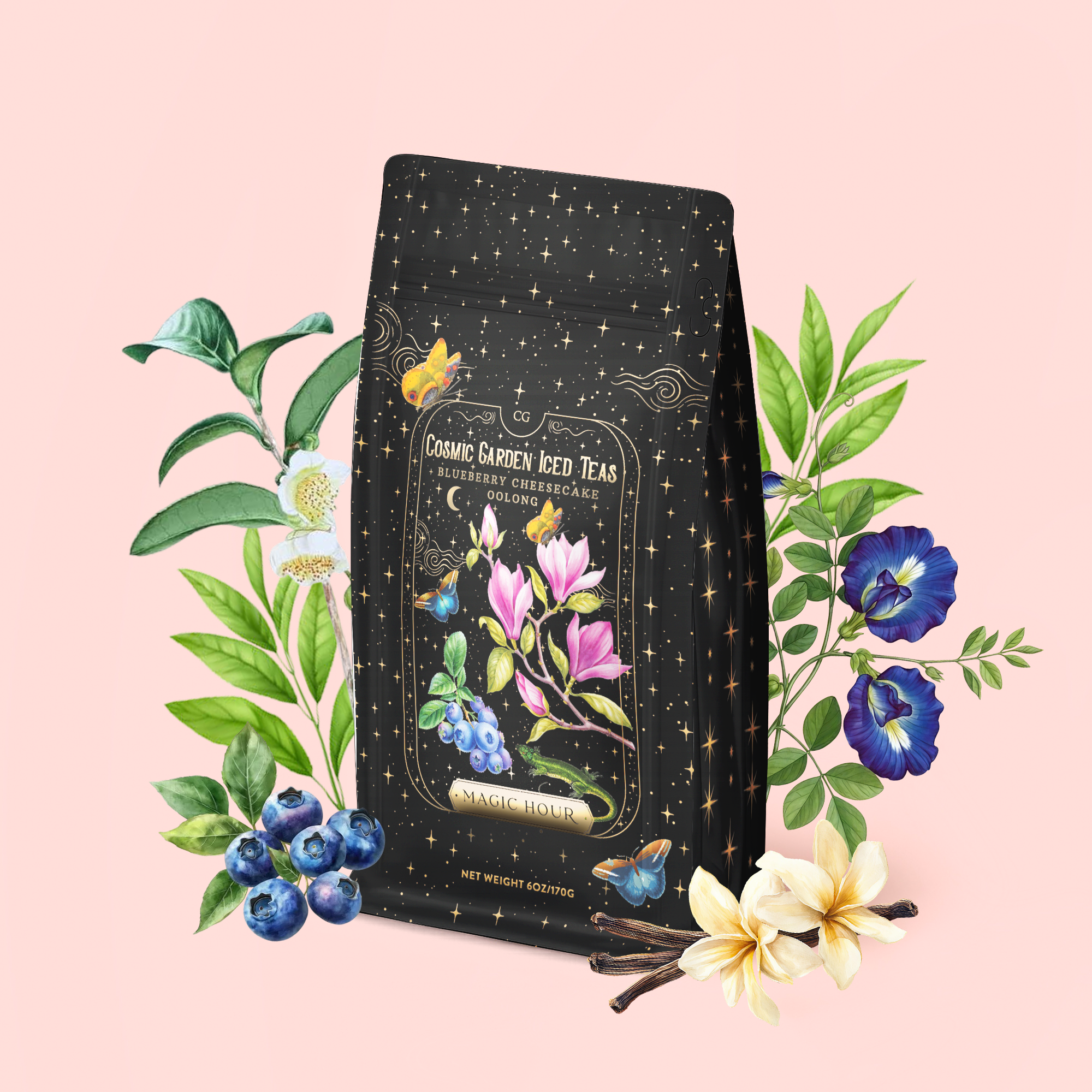 A tea bag labeled “Blueberry Cheesecake Oolong Iced Tea,” adorned with a starry design and floral illustrations, rests among blueberries, leaves, magnolia flowers, and morning glories on a pastel pink background—evoking an enchanting cosmic garden scene.