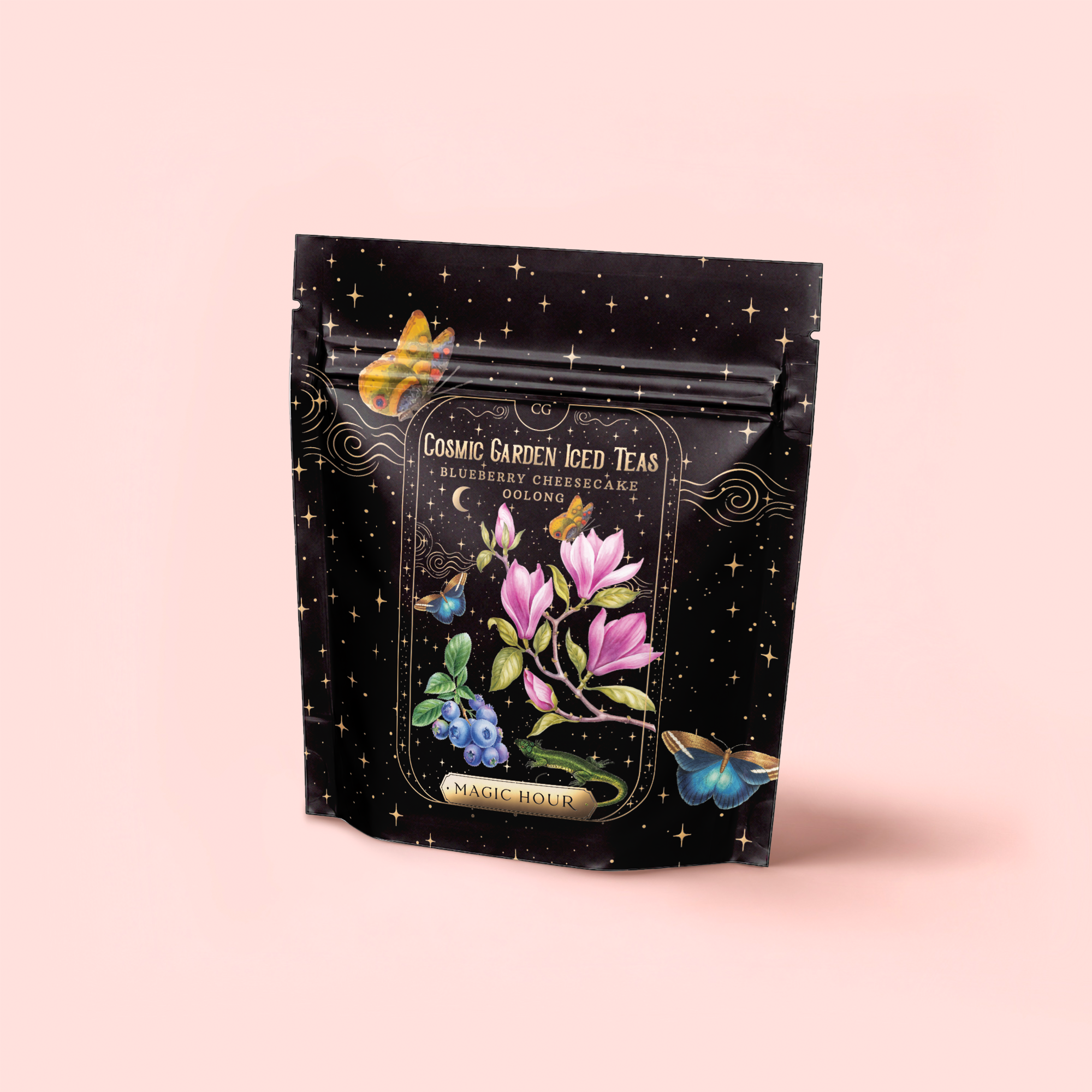 A black resealable pouch labeled "Blueberry Cheesecake Oolong Iced Tea" features magnolia flowers, butterflies, and stars on a light pink background, highlighting its premium organic oolong tea blend.