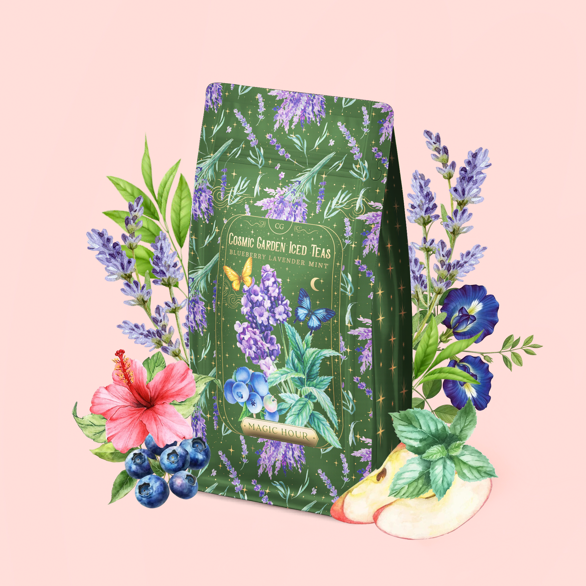 A Blueberry Lavender Mint: Cosmic Garden Iced Tea bag, adorned with lavender, butterfly, and star designs, is surrounded by illustrated lavender, hibiscus, pansy flowers, blueberries, mint leaves, and apple slices on a pale pink background—perfect for brewing an antioxidant-rich iced tea or savoring a refreshing cup of blueberry lavender mint tea.