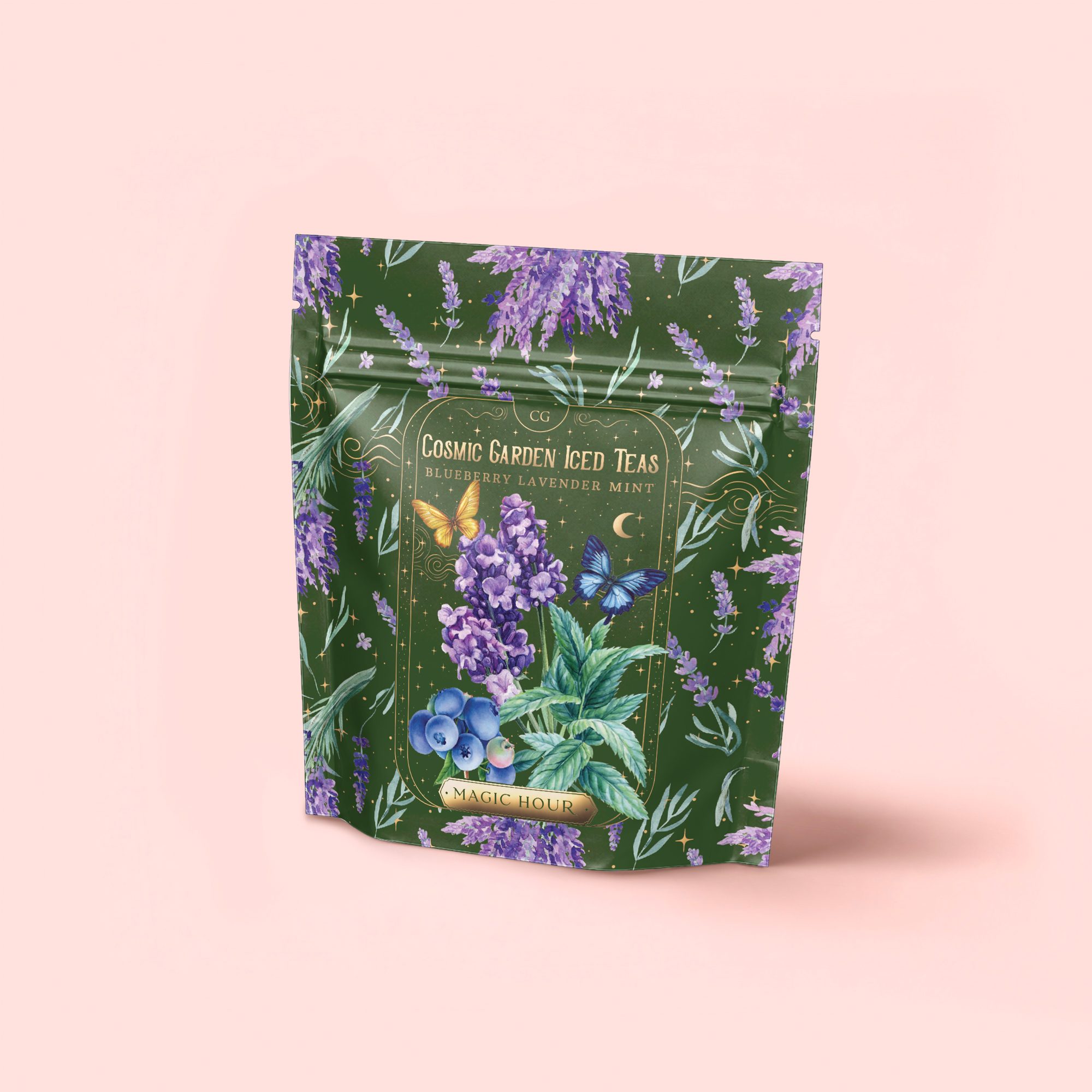 A green resealable pouch features lavender, butterflies, blueberries, and gold accents. The label says "Blueberry Lavender Mint: Cosmic Garden Iced Tea" on pink. This sugar-free blend is antioxidant-rich and delicious.