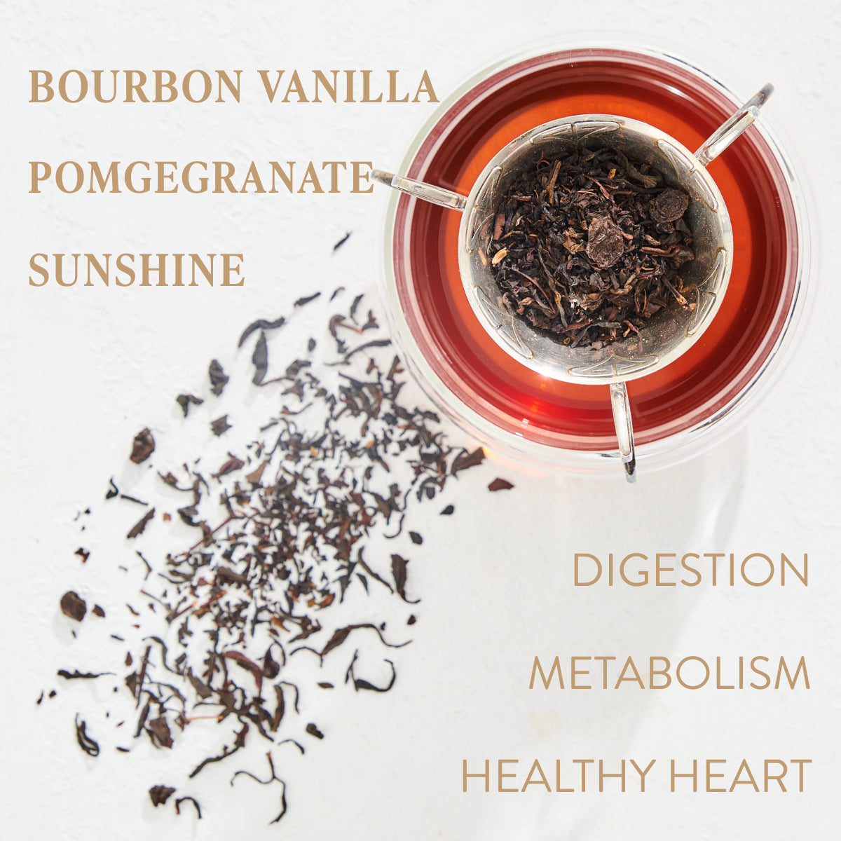 A cup of tea with loose leaves scattered around it. The text reads "Bohemian Breakfast Black Tea- Probiotic Rich Vanilla Puerh Tea for Digestion & Energy." Benefits listed: "Digestion, Metabolism, Healthy Heart." The tea seems to contain bourbon vanilla and pomegranate, making it a delightful coffee alternative with potential health benefits from Magic Hour.