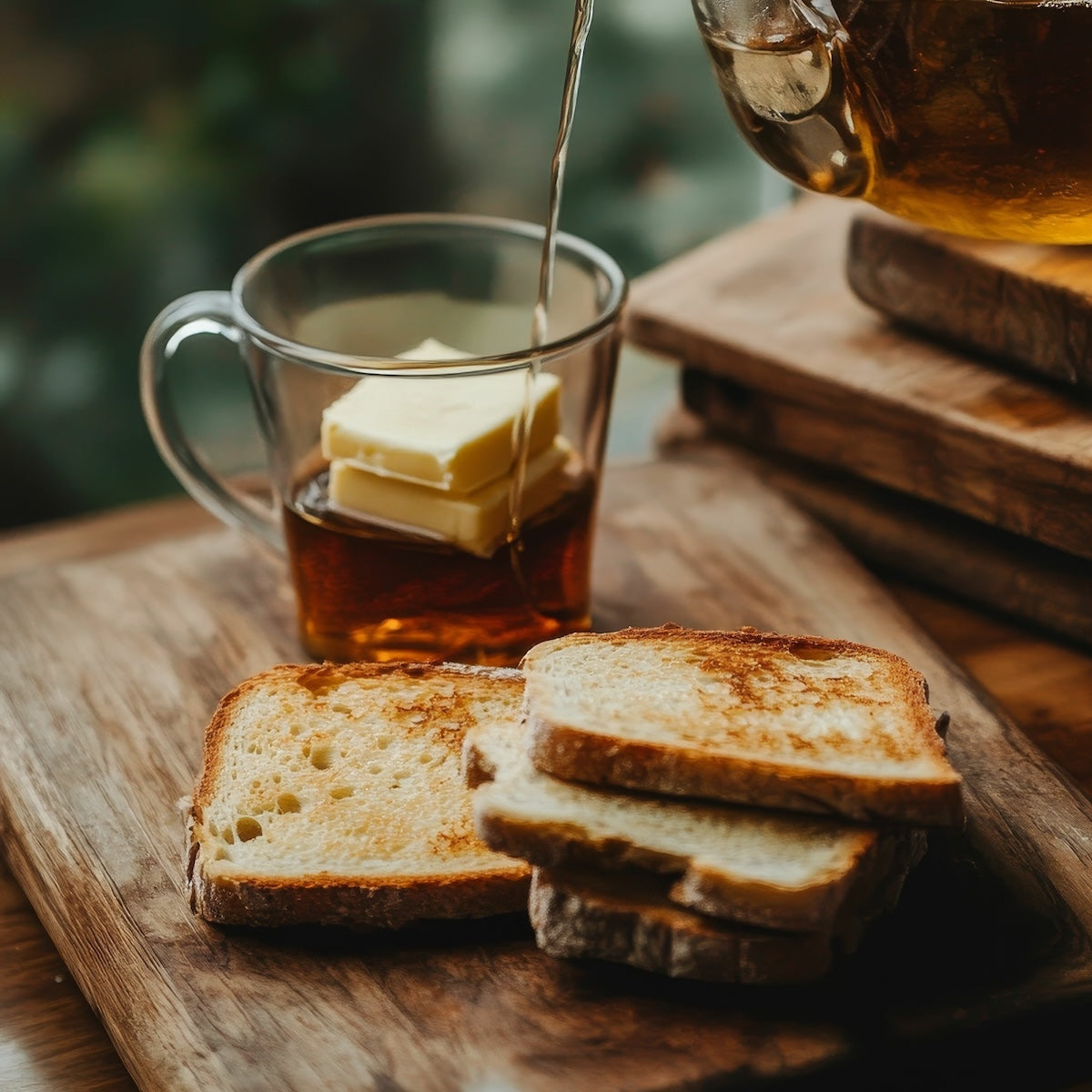 Wooden board toast slices sit beside a glass of rich Butter Assam tea, sourced from Fair Trade Chardwar Estate, being poured from a kettle. The blurred background evokes a cozy ambiance, perfect for savoring this moment.