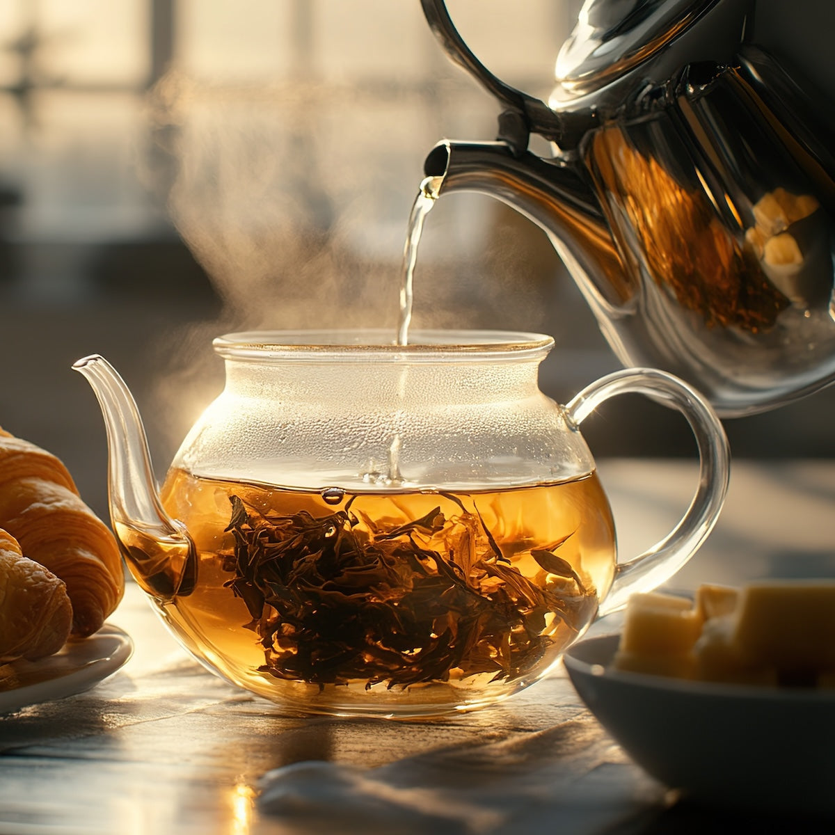 A steaming glass teapot displays swirling Butter Oolong tea leaves as hot water is poured in, creating a cozy morning scene with croissants and butter, enhanced by the morning light.