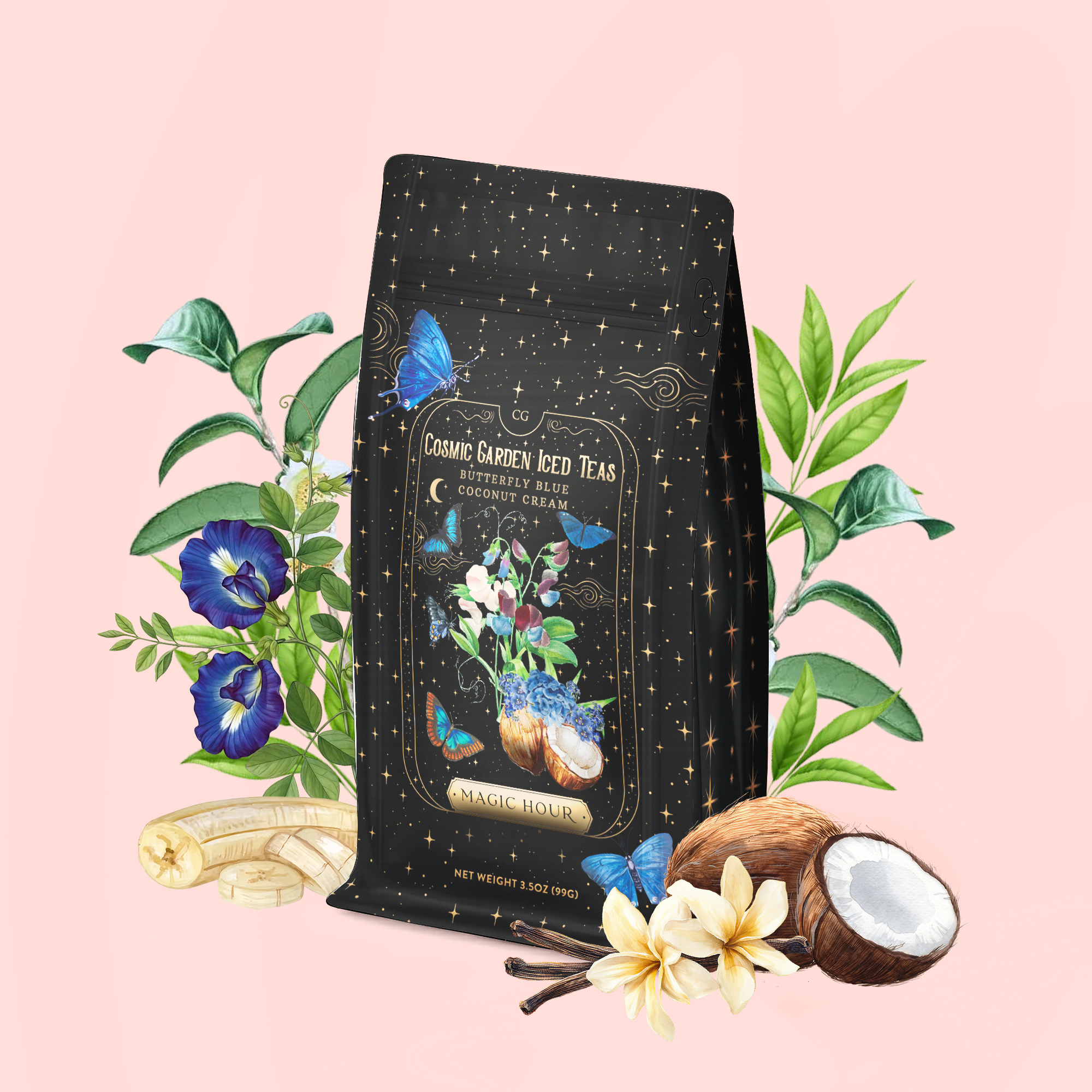 A packet of Butterfly Blue Coconut Cream Iced White Tea, adorned with a floral, butterfly, and starry design, is surrounded by fresh flowers, banana slices, vanilla, a cracked coconut, and green leaves on a soft pink background—perfect for crafting your own pina colada-inspired iced white tea or refreshing hydrating drink.