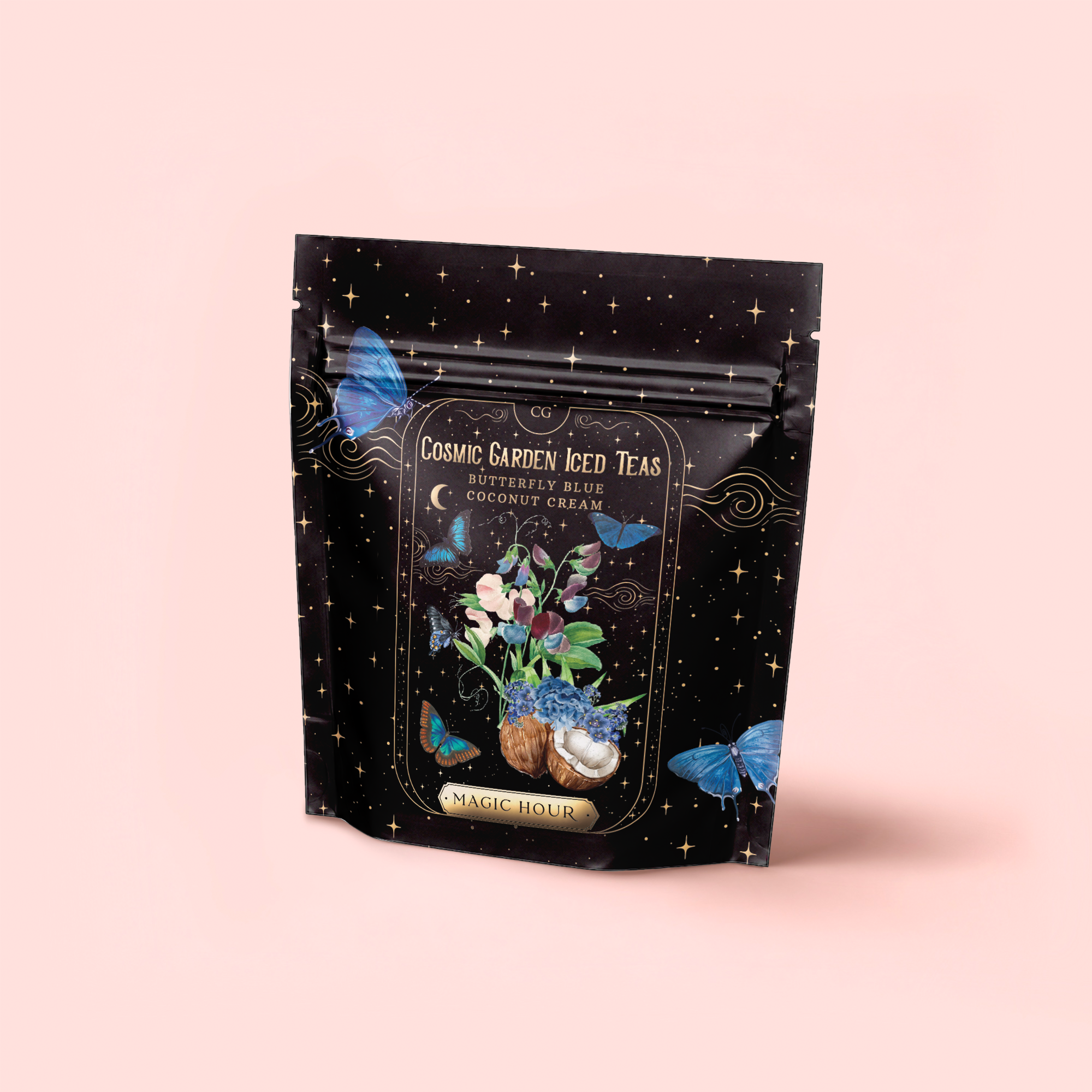 A pouch labeled "Butterfly Blue Coconut Cream Iced White Tea" shows blue butterflies, gold stars, blue flowers, a coconut, and green leaves on the front against a pale pink background, hinting at pina colada flavor.