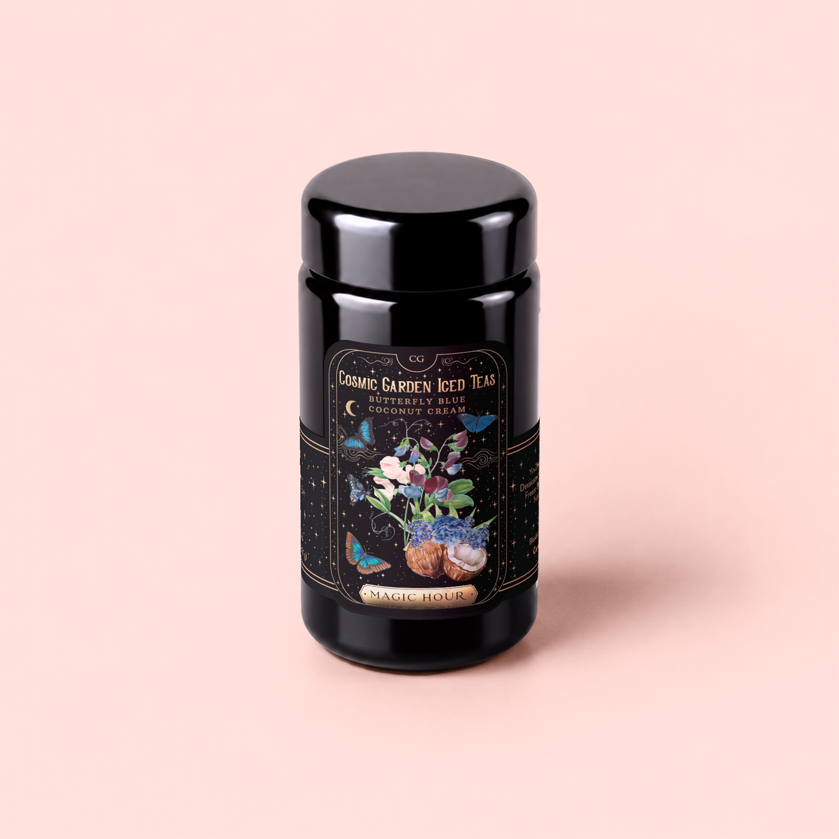 A black tea canister labeled “Butterfly Blue Coconut Cream Iced White Tea.” The label features a floral arrangement with fruits, butterflies, stars, and decorative borders against a light pink background—perfect for storing your favorite hydration drink like blue tropical iced tea.