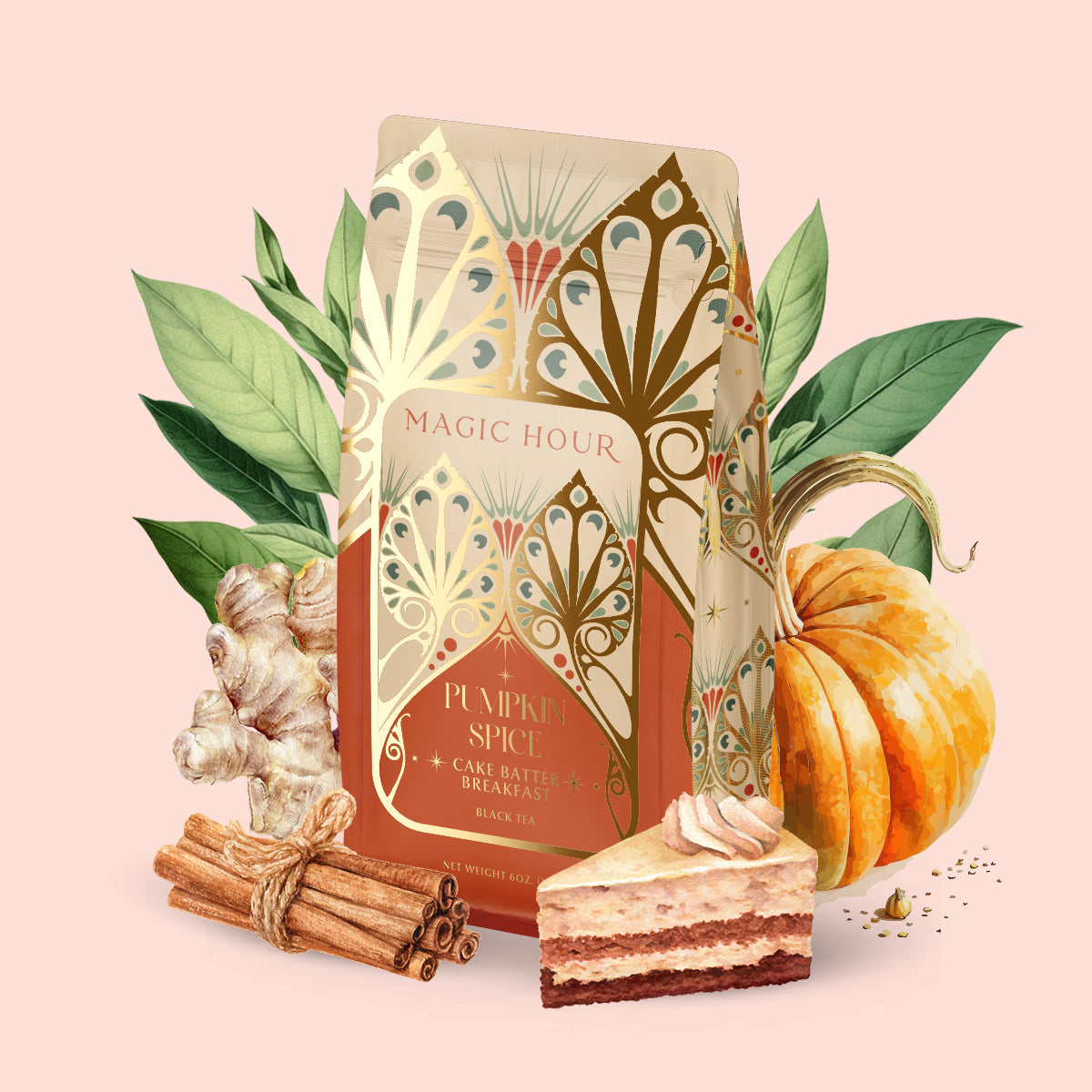 A decorative bag of Pumpkin Spice Cake Batter Breakfast tea—an organic black tea and gut-healthy Puerh pumpkin spice breakfast blend—is surrounded by a pumpkin, cinnamon sticks, ginger root, green leaves, and a slice of layered cake, all set against a pale pink background.