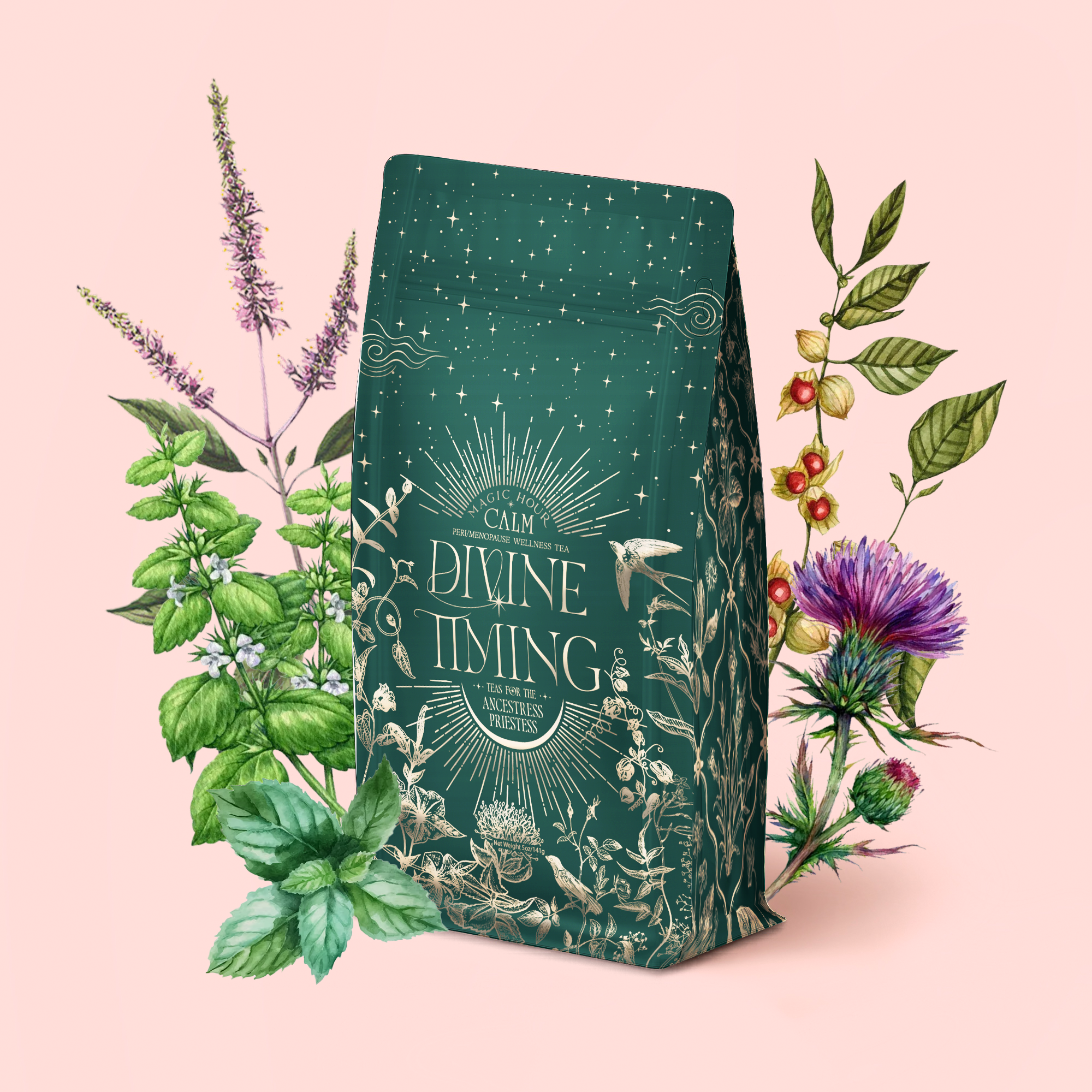 A dark green "Divine Timing Calm" package with gold botanical designs is surrounded by colorful illustrated herbs and flowers, highlighting its cooling mint adaptogen blend on a light pink background.