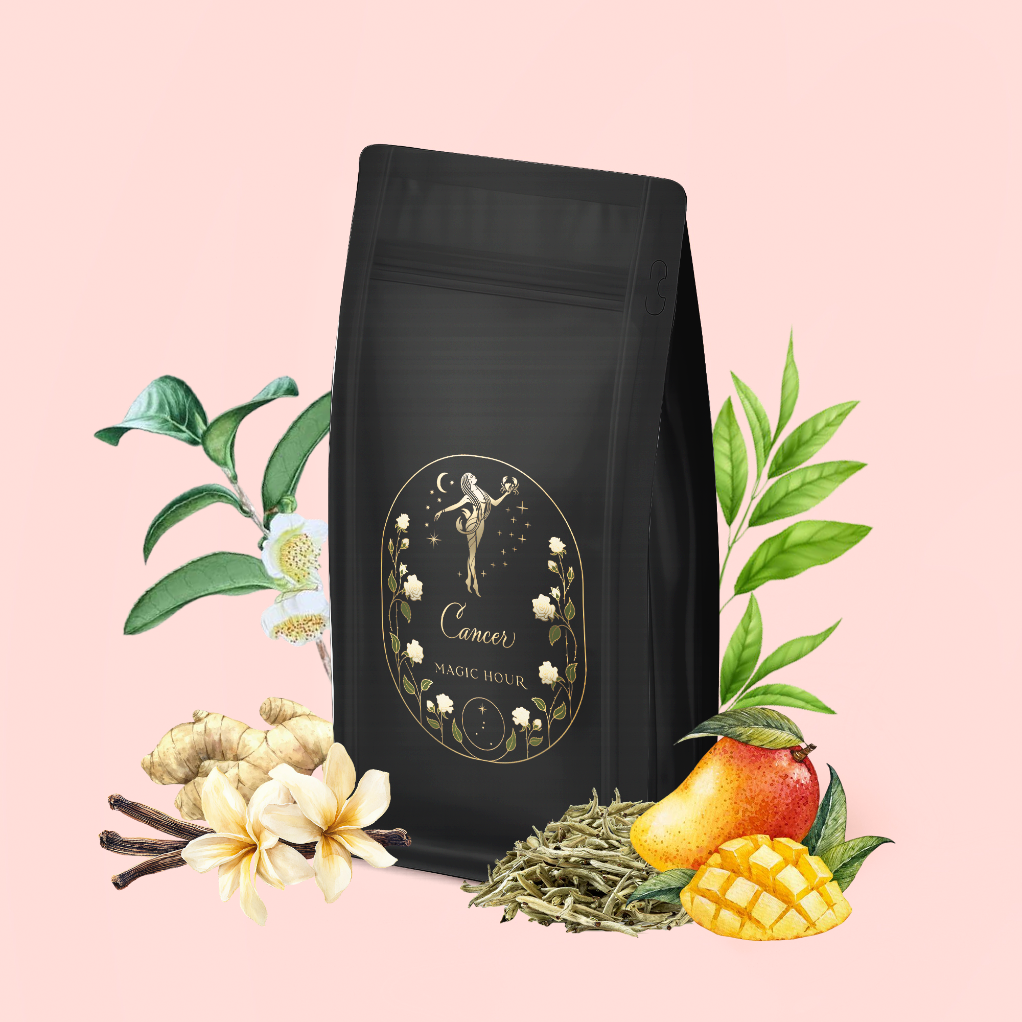 A black bag labeled "Cancer: Queen of Cool Mango-Ginger-Cream White Tea" sits on a light pink background, surrounded by illustrations of organic ginger, mango, vanilla, tea leaves, and white flowers.