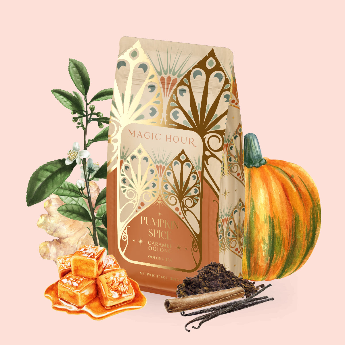 A charming bag of Pumpkin Spice Caramel Oolong is nestled among a pumpkin, aromatic spices, caramel squares, vanilla beans, ginger, and seasonal leaves—all set against a soft pink backdrop—capturing the inviting scent of an autumn harvest blend. This cozy pumpkin caramel oolong tea is an ideal companion for relaxing moments and provides a flavorful way to enjoy metabolism-supporting tea all season long.