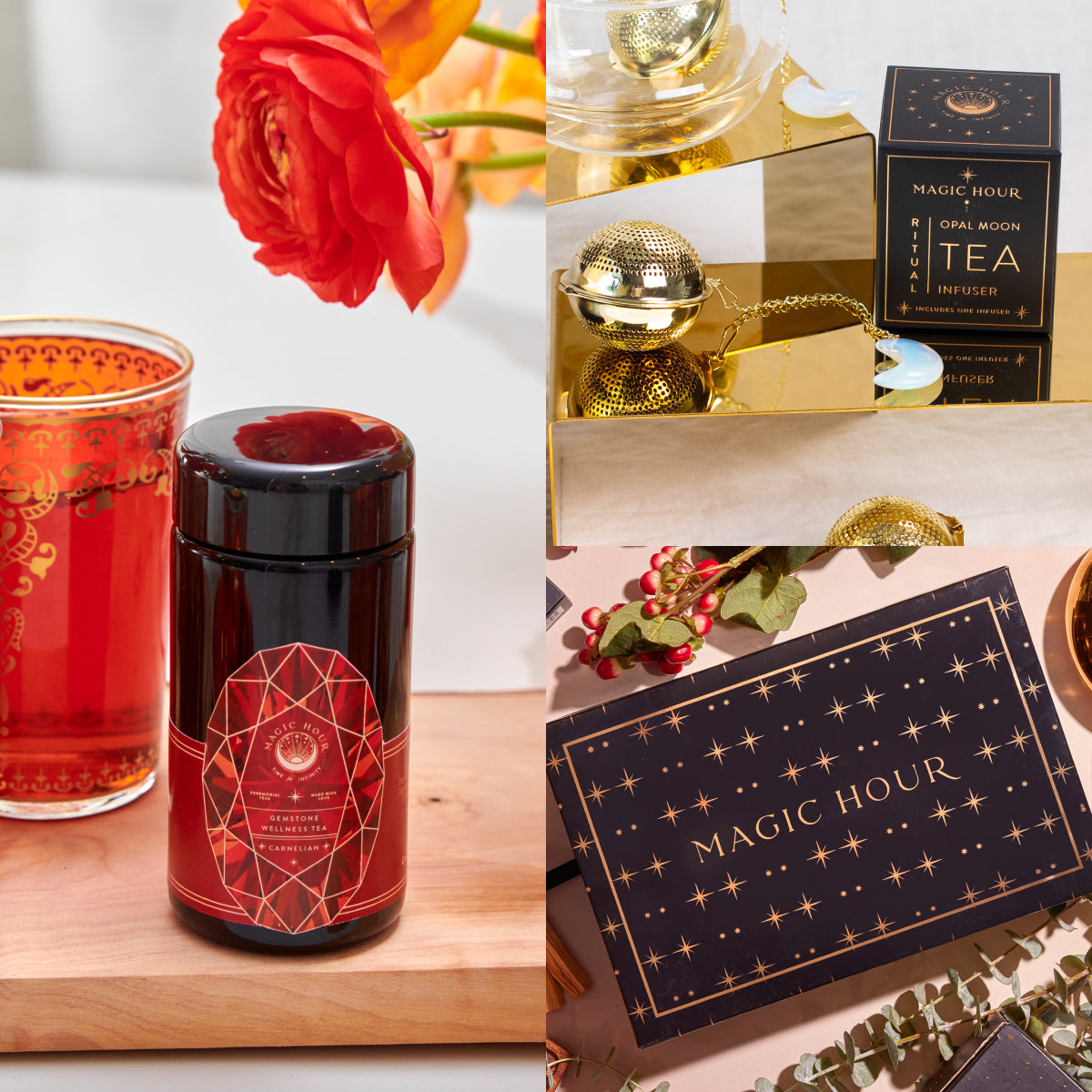 The collage highlights the Carnelian July Birthstone Mini Gift Set, featuring a tea tin with a geometric design, a Magic Hour tea box adorned with the Birthstone motif for July, and a gold tea infuser. This exquisite ensemble is accentuated by an ornate red glass and an orange flower, capturing the cozy elegance and luxurious appeal of teas like Carnelian Wellness Tea.