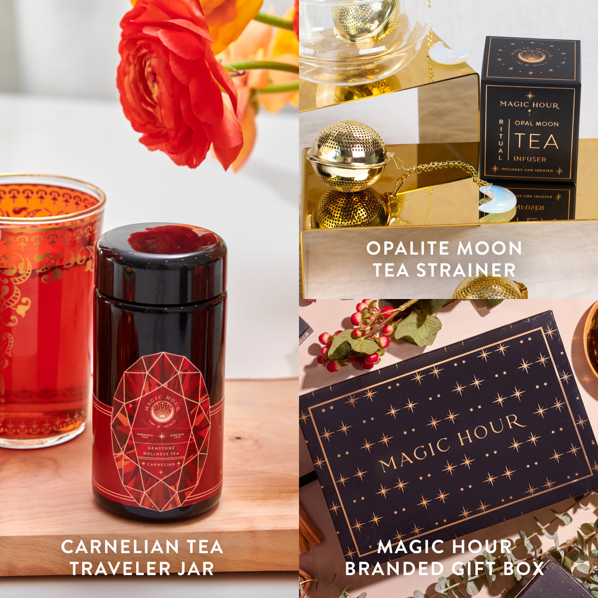 A collage of tea products: a Carnelian July Birthstone Mini Gift Set with a red design, an opalite moon tea strainer beside a tea box, and a Magic Hour branded gift set with a starry pattern, inspired by July's Birthstone.