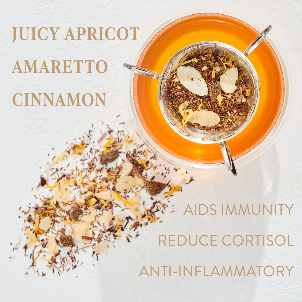 Overhead view of a loose leaf tea with dried ingredients, including apricot slices, amaretto bits, and cinnamon pieces. Text reads: &quot;Carnelian : Caffeine-Free Apricot Amaretto Tea&quot; and &quot;Aids Immunity,&quot; &quot;Reduce Cortisol,&quot; and &quot;Anti-inflammatory.&quot; Experience the benefits of Magic Hour.