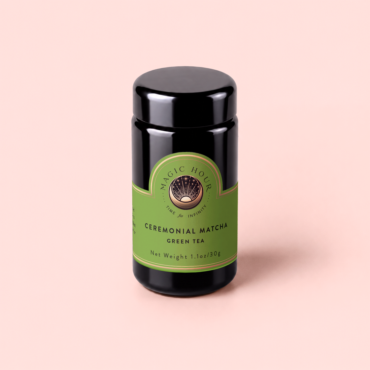 A black jar of Organic Ceremonial Matcha 700 with a green label featuring a star and moon illustration.
