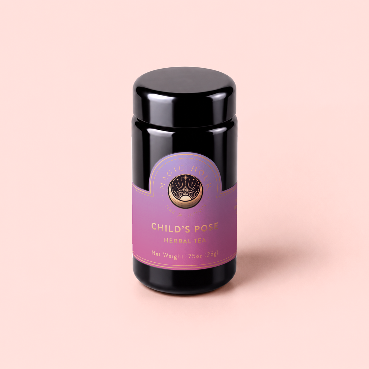 A canister of Child’s Pose™ Herbal Adaptogen Tea for Sleep Case Packs, featuring purple and gold accents, rests on a soft pink background and highlights its organic ingredients designed to provide soothing, aromatherapeutic benefits.