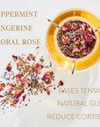 A glass teapot filled with Child's Pose™ Herbal Adaptogen Tea for Sleep & Restful Calm by Magic Hour sits on a white surface next to a scattered blend of dried loose leaf tea ingredients, including rose petals and other colorful flowers. Text around the image highlights the flavors: Peppermint, Tangerine, Floral Rose, and benefits: Eases Tension, Natural Glow, Reduce Cortisol.