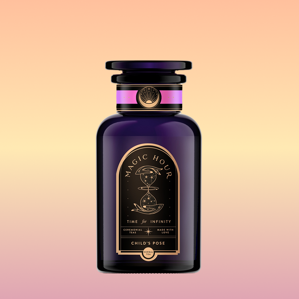 A dark purple glass bottle labeled "Magic Hour: Child’s Pose™ Herbal Adaptogen Tea Blend for Sleep &amp; Restful Calm" rests against a peach-yellow gradient, with gold celestial designs and elegant text evoking aromatherapeutic tranquility.