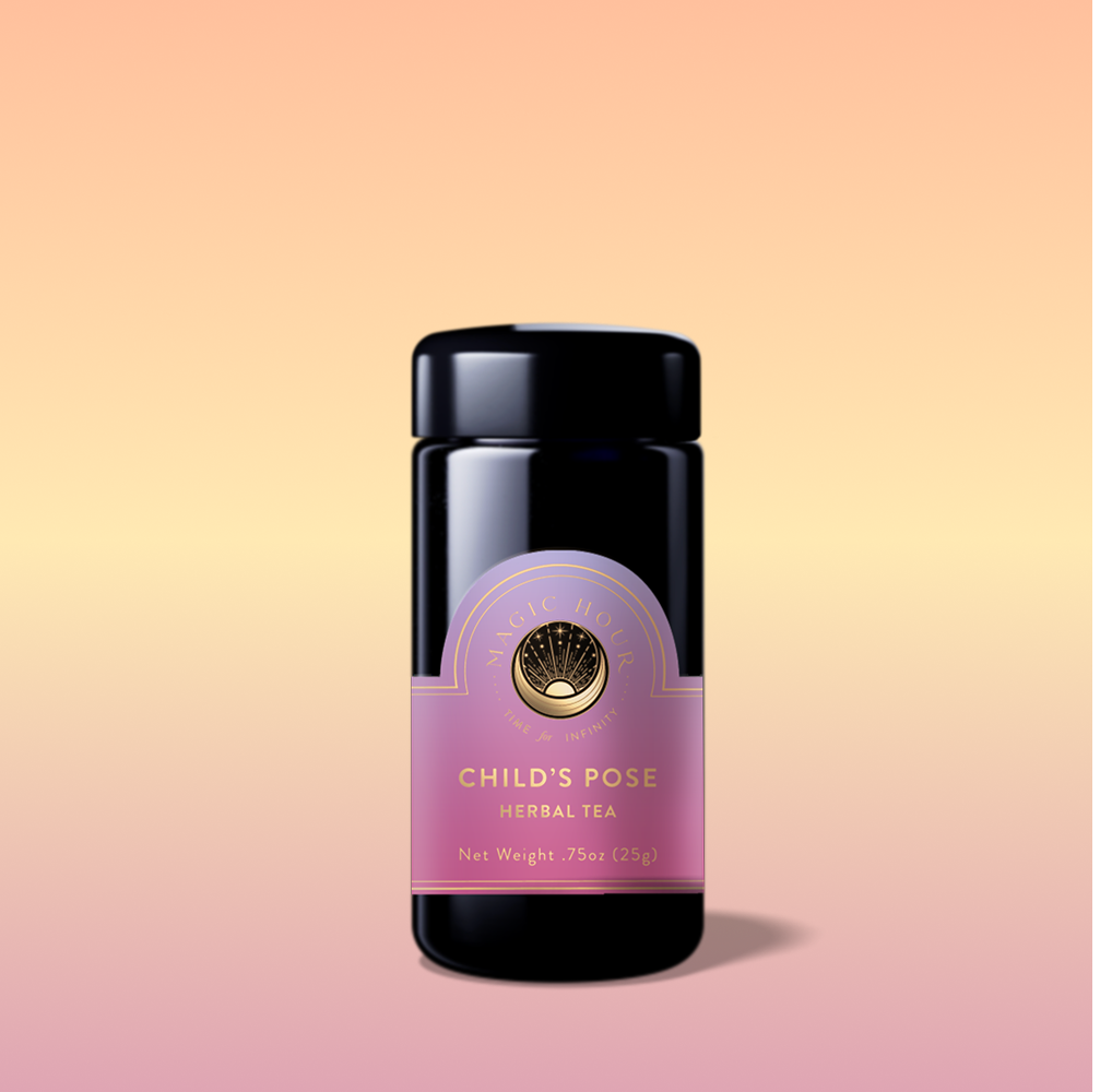 A dark jar labeled "Child’s Pose™ Herbal Adaptogen Tea Blend for Sleep &amp; Restful Calm" with a gold and lavender design rests on a soft pink-to-yellow gradient. This organic tulsi blend offers aromatherapeutic benefits. Net Weight: .75oz (25g).