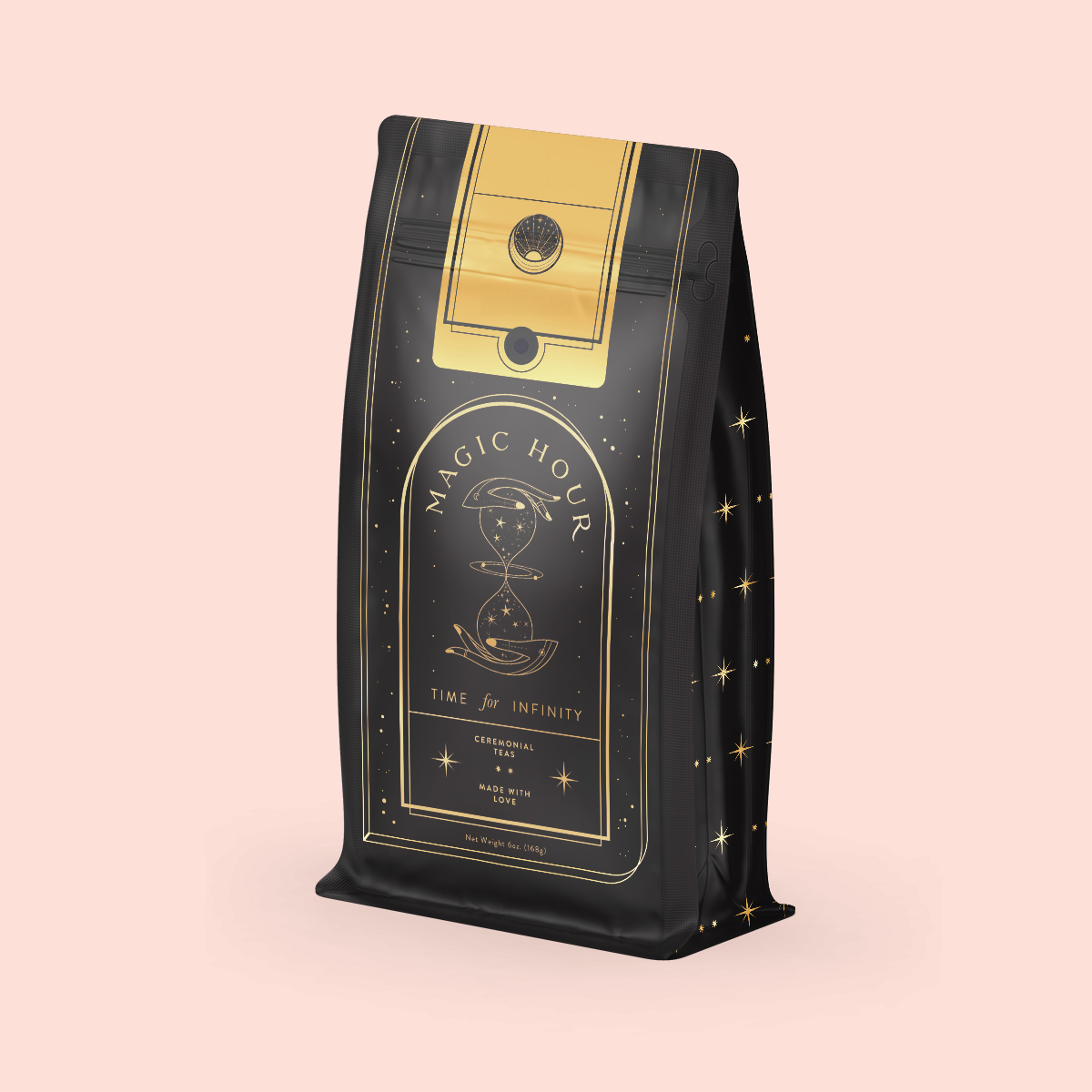 A black and gold bag labeled "Citrine Cleanse™ Herbal Tea" features an hourglass design with celestial motifs. It includes "Ceremonial" and "120g / 4.2oz" on a soft pink background, reminiscent of a detoxifying elixir infused with organic ingredients.