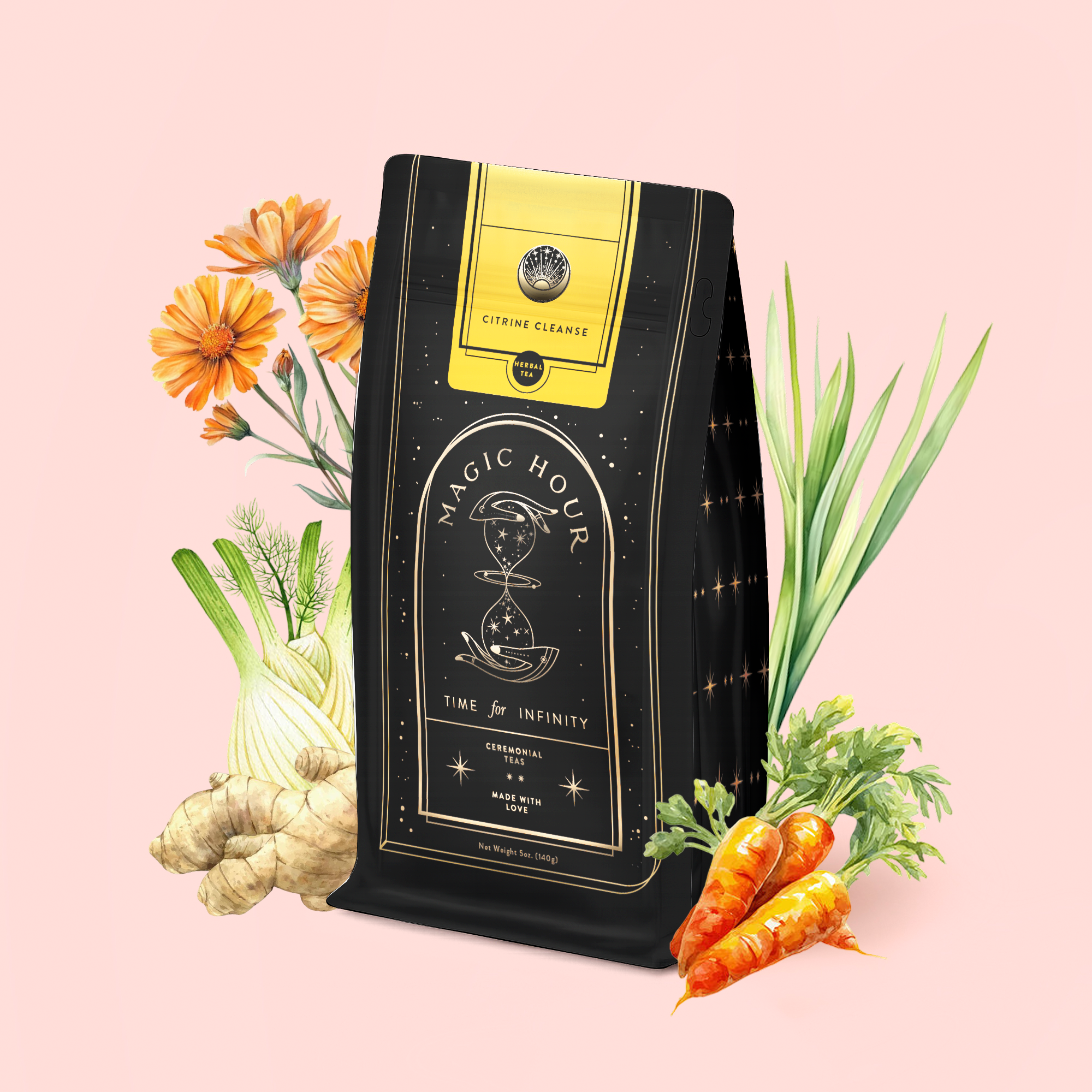 A black and gold Citrine Cleanse™ Herbal Tea Refill Pouch by Magic Hour is shown on a light pink background, surrounded by illustrations of organic Hawaiian ginger, fennel, carrots, calendula flowers, and lemongrass.