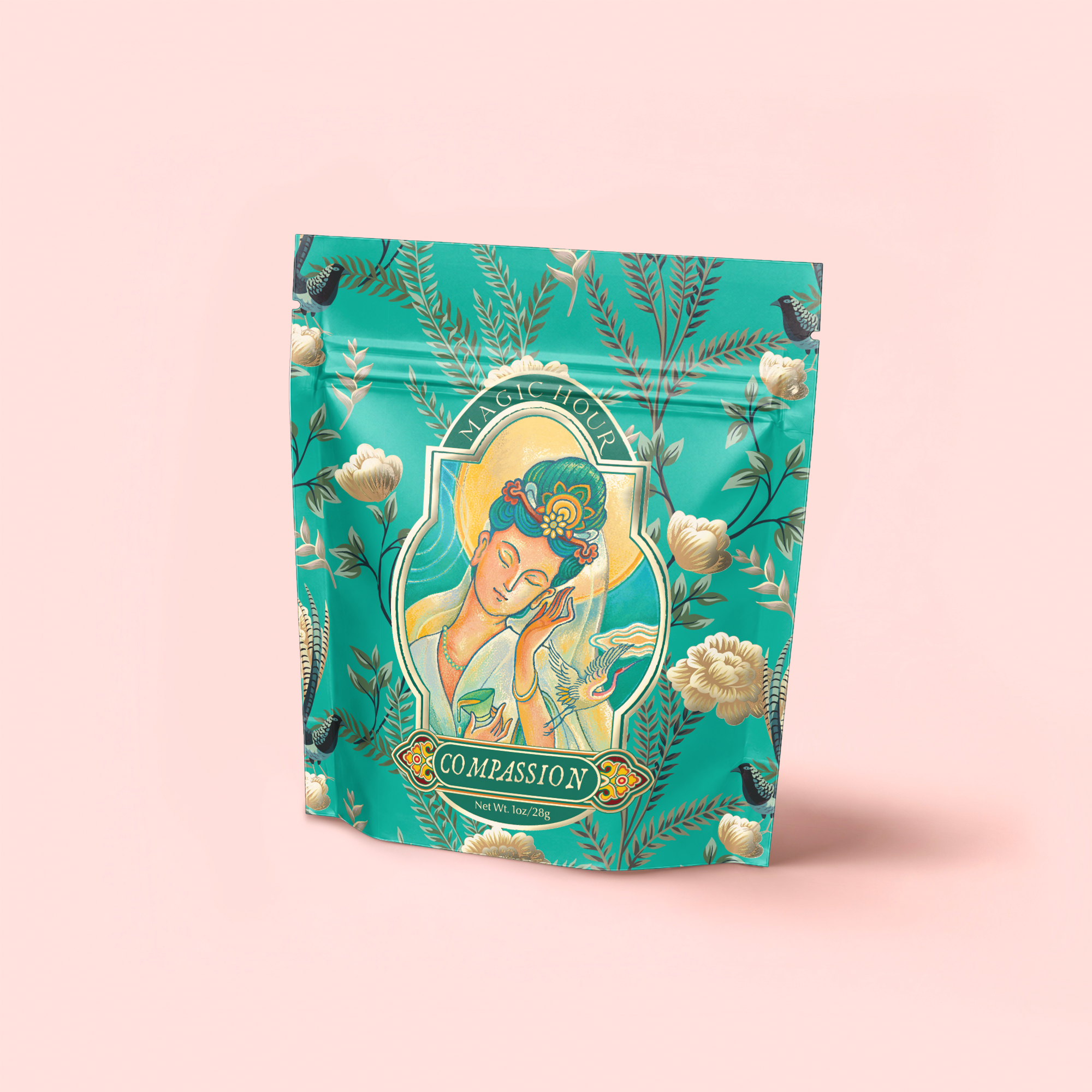 A teal and gold pouch labeled "Compassion: Quan Yin Original Style Oolong" displays a serene woman amid flowers, birds, and leaves on a soft pink background, capturing the calming essence of this unique Oolong tea.