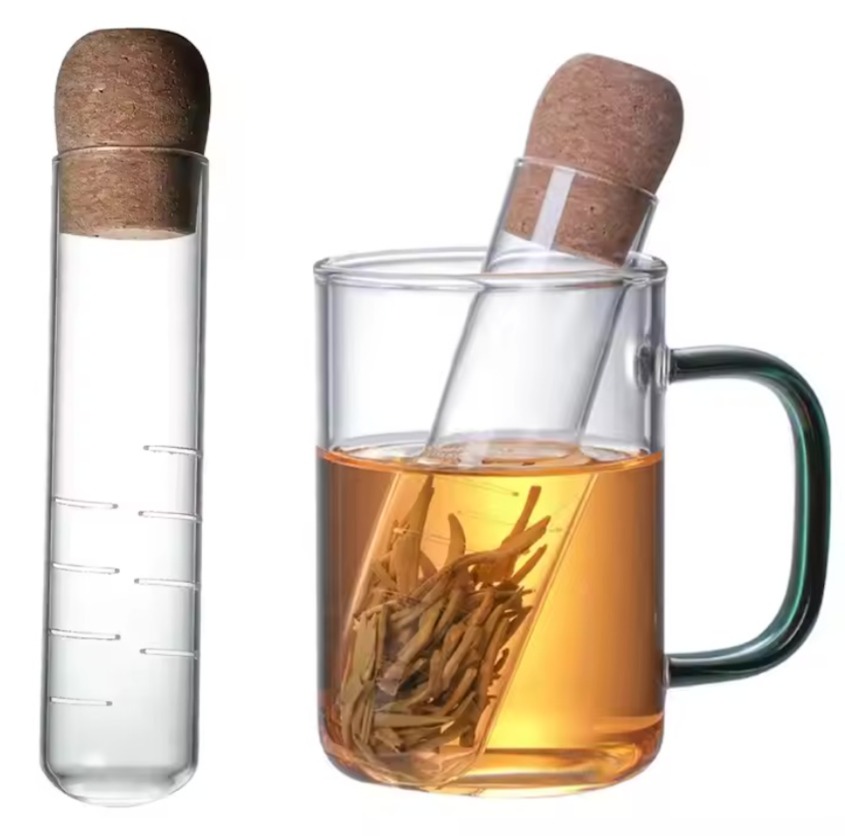 The Cork Strainer, a glass test tube infuser with a wooden stopper, is displayed. On the left, it's empty; on the right, it sits in a glass mug filled with tea, infusing leaves into the amber liquid.