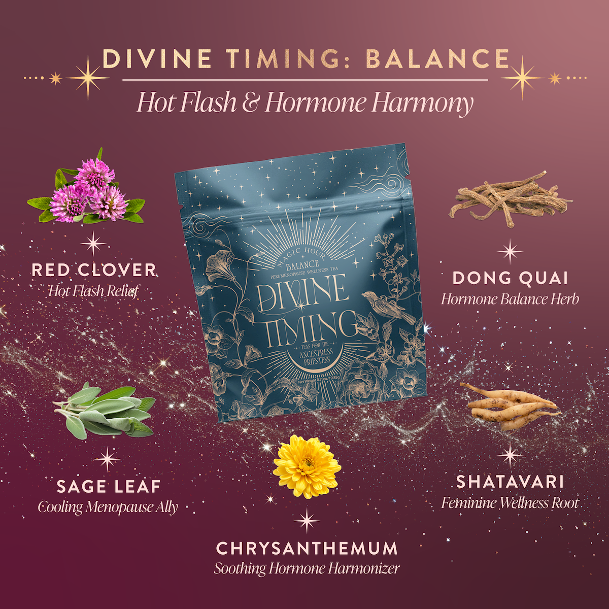 A pouch labeled "Perimenopause/Menopause Support Tea Subscription" features red clover, dong quai, sage leaf, chrysanthemum, and shatavari—herbs supporting hot flash relief and hormone balance for menopause wellness.