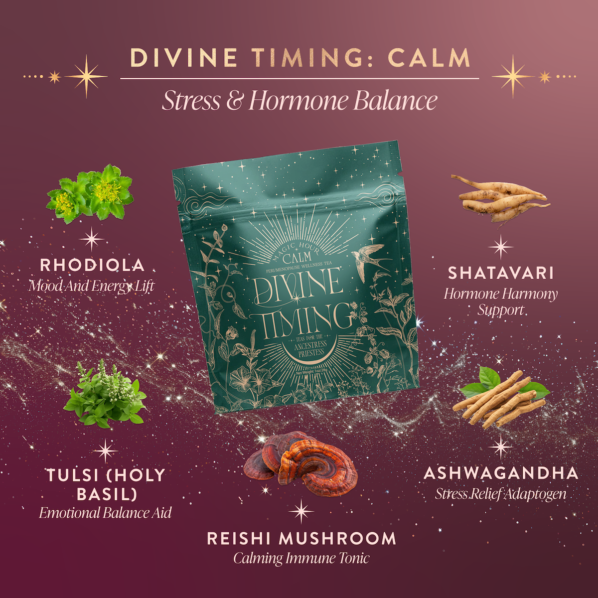 The "Perimenopause/Menopause Support Tea Subscription" pouch is shown with herbs—rhodiola, tulsi, reishi mushroom, ashwagandha, and shatavari—highlighting stress relief and hormonal balance benefits for soothing menopause support.