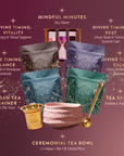 The Perimenopause/Menopause Support Tea Subscription features four colorful teas, a gold strainer and scoop, a pink speckled bowl, and an hourglass timer, all beautifully displayed against a pink gradient background with clear labels.