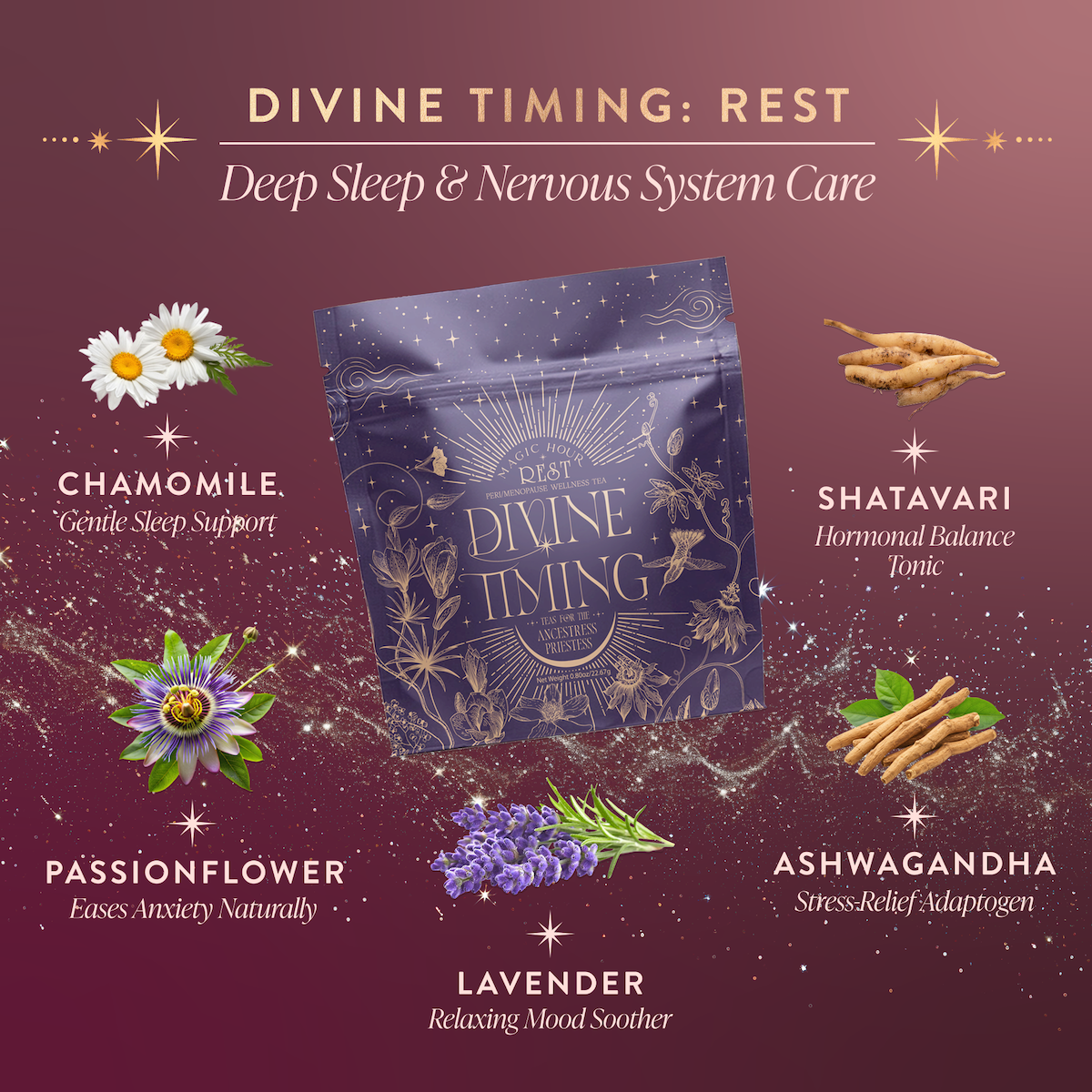 The "Perimenopause/Menopause Support Tea Subscription" package is surrounded by chamomile, passionflower, lavender, shatavari, and ashwagandha—herbs for stress relief and hormonal balance—on a purple, starry background with calming benefits highlighted.