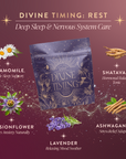 The "Perimenopause/Menopause Support Tea Subscription" package is surrounded by chamomile, passionflower, lavender, shatavari, and ashwagandha—herbs for stress relief and hormonal balance—on a purple, starry background with calming benefits highlighted.
