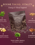 A Perimenopause/Menopause Support Tea Subscription package is surrounded by illustrations of green tea, ginger root, tulsi, shatavari, and cinnamon—ingredients known to aid hormonal balance and stress relief—on a pink and gold background.