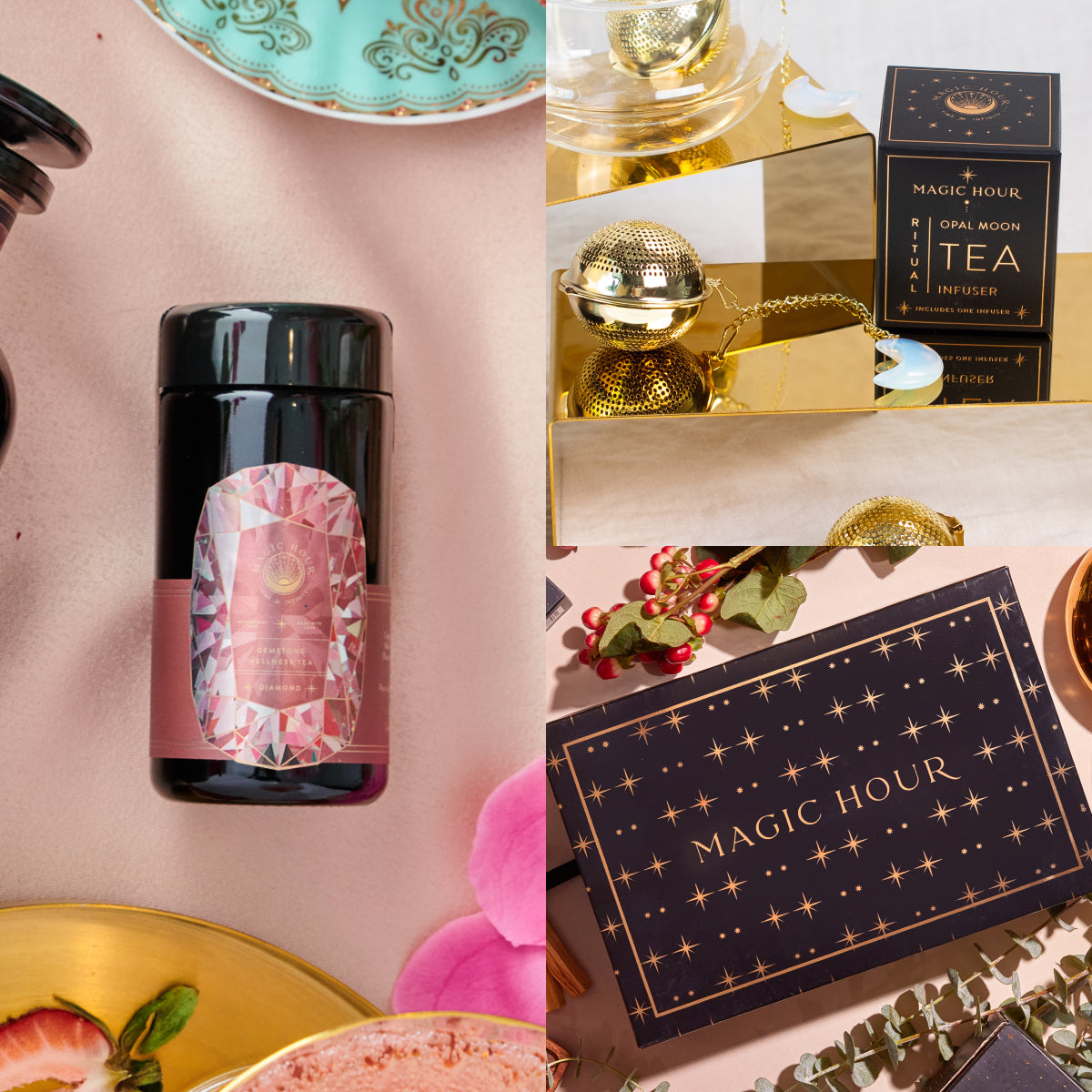 A collage showcasing a Diamond April Birthstone Mini Gift Set, which includes a tea tin decorated with a gemstone design. Alongside it is an Aquamarine Wellness Gift Set. A Magic Hour tea box with a celestial pattern stands next to an Opalite Moon Tea Strainer on a reflective surface. The background is enhanced with flowers, pink cloth, and decorative elements.