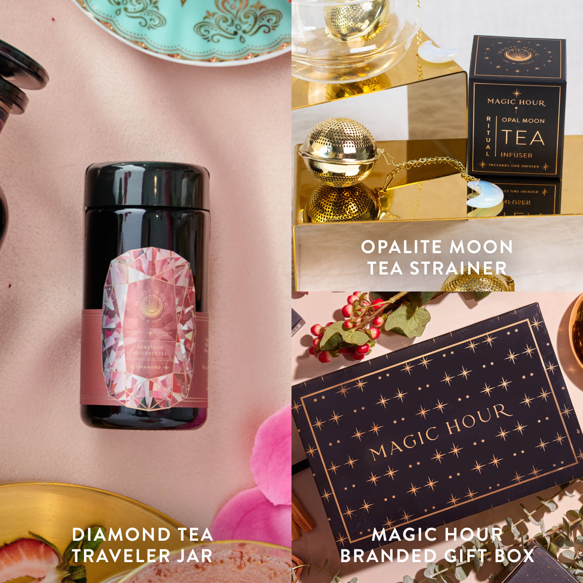 A collage of tea products featuring the Diamond April Birthstone Mini Gift Set, Opalite Moon Tea Strainer, and a Magic Hour branded gift box. They’re arranged with decorative elements like flowers, gold containers, and a cup—perfect for showcasing the enchanting March Wellness Tea experience.