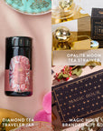 A collage of tea products featuring the Diamond April Birthstone Mini Gift Set, Opalite Moon Tea Strainer, and a Magic Hour branded gift box. They’re arranged with decorative elements like flowers, gold containers, and a cup—perfect for showcasing the enchanting March Wellness Tea experience.