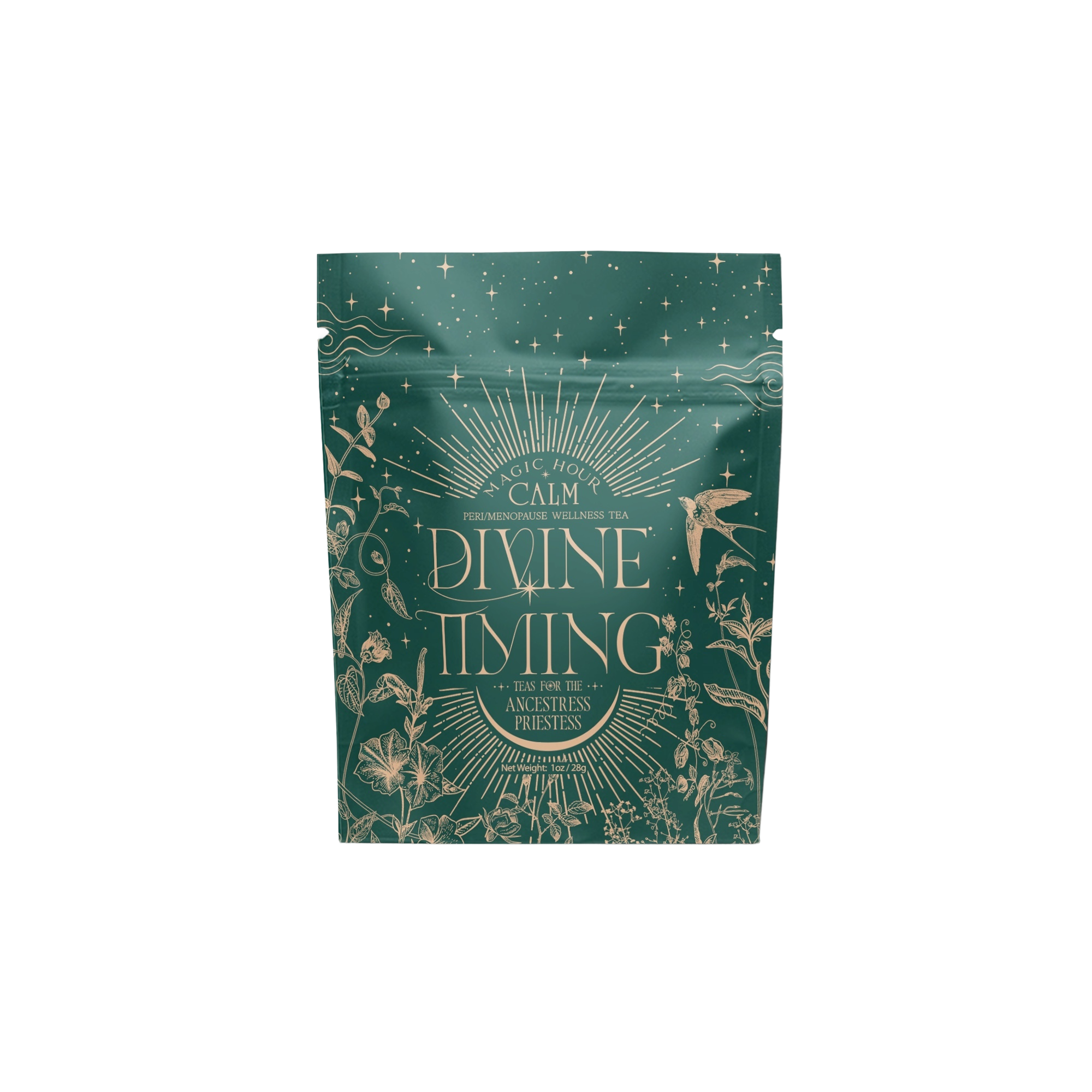 A green tea package with gold illustrations of plants, stars, and a bird. The label reads "Divine Timing Calm," a personalized wellness tea with adaptogens for hormonal balance—teas for the ancient's priestess.