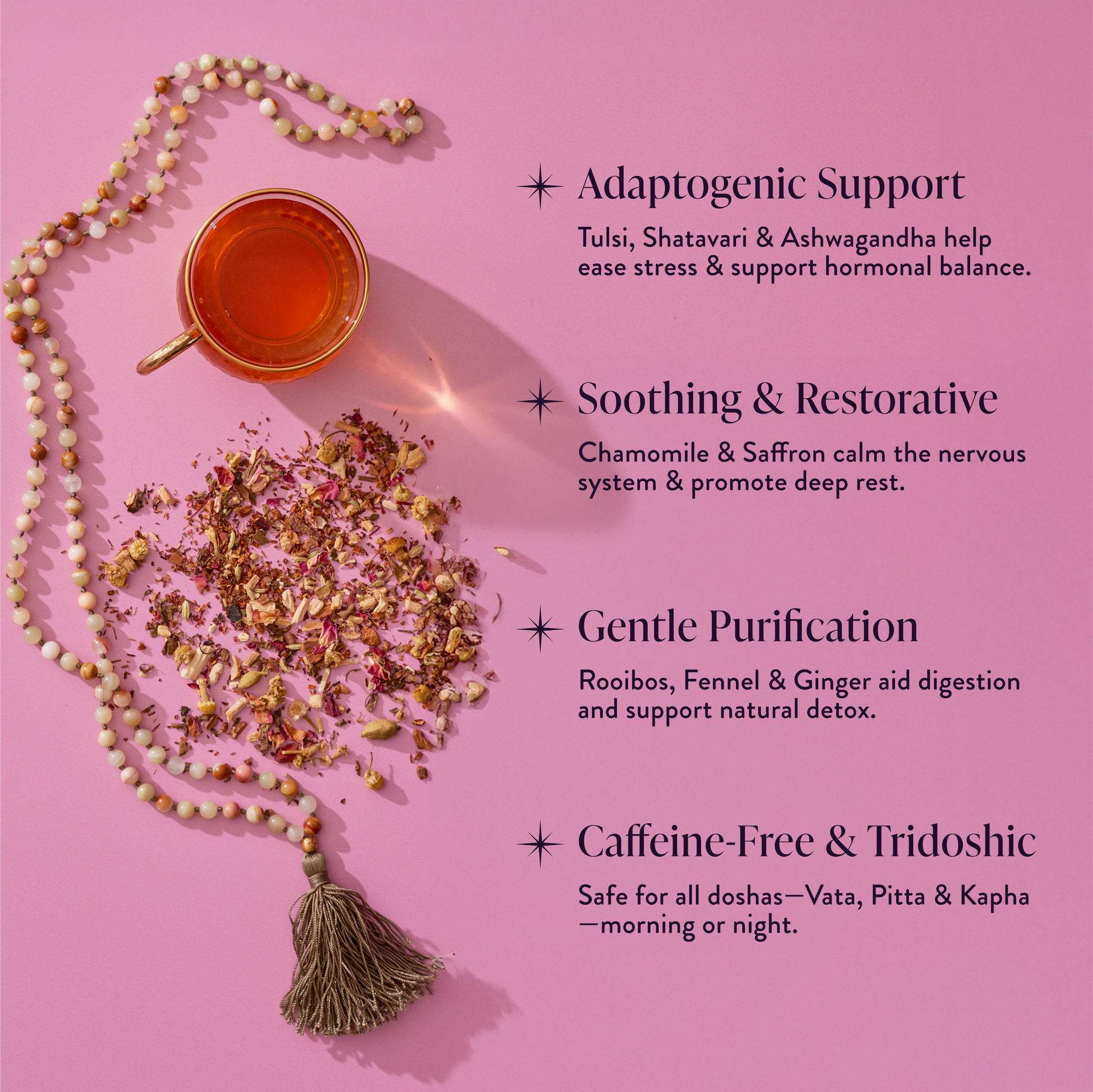 Restful Evening Chai sits on a pink surface with a beaded necklace and loose herbal blend. This caffeine-free tea offers adaptogenic support, soothing properties, gentle purification, and restorative benefits for Dosha balance.