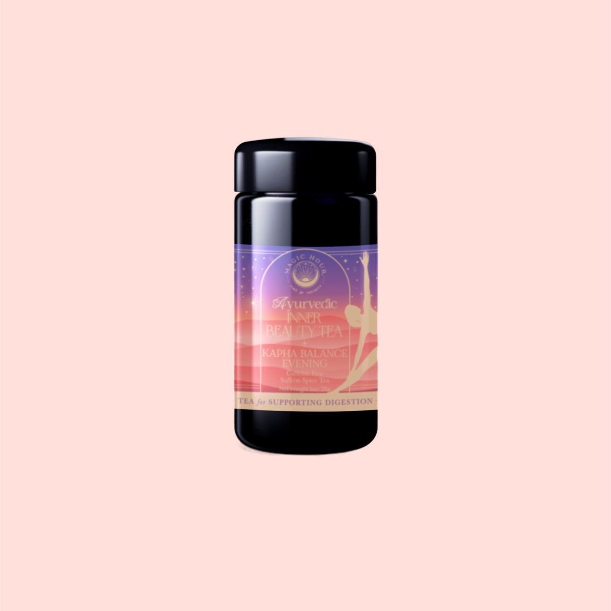Bottle with a colorful label on a pink background