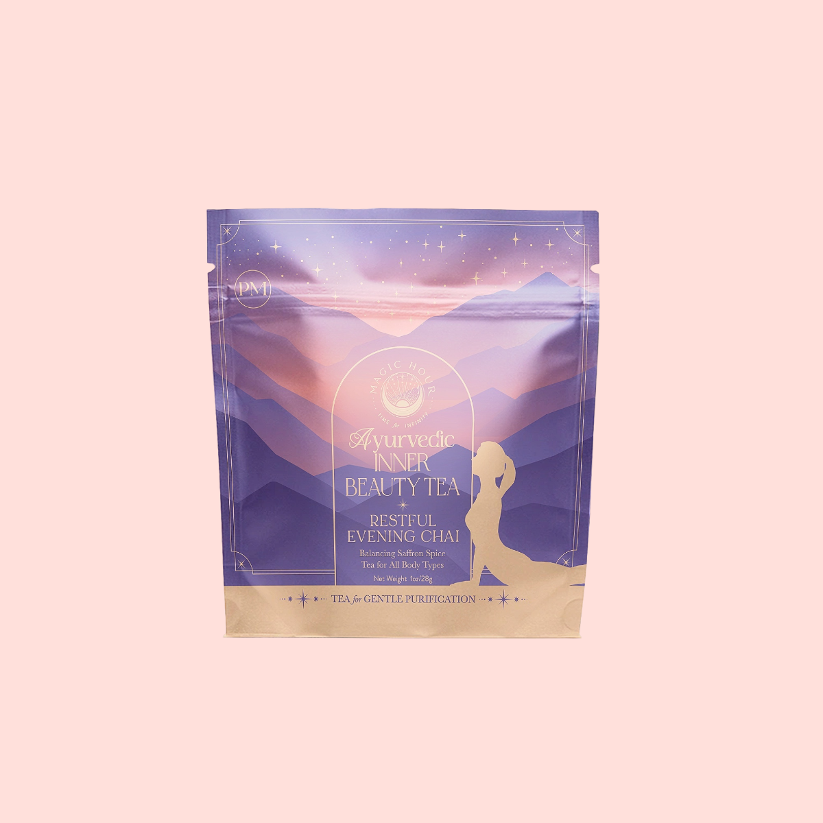 Restful Evening Chai comes in a resealable package featuring a purple and pink mountain landscape with a meditative woman silhouette, perfect as a Dosha balancing, Ayurvedic Inner Beauty tea.