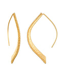 The Hammered Dot Petal Earrings are a pair of gold-plated lotus earrings that feature an elegant curved design with a beaded edge detail. These earrings have a sleek, long hook for wearing, and the beaded texture enhances their intricate and sophisticated appearance.