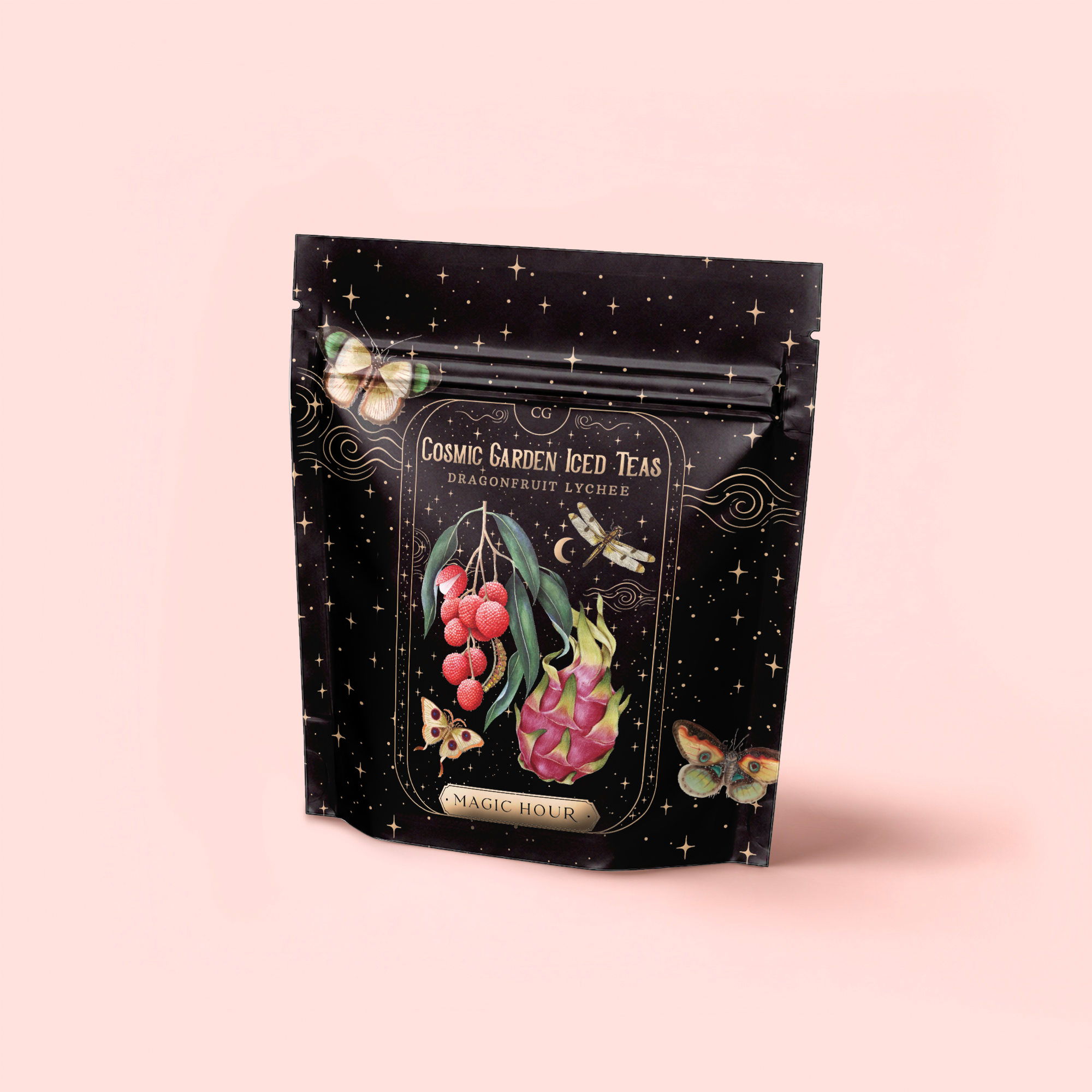 A black resealable pouch features star patterns, dragonfruit and lychee botanicals, and colorful moths. The label reads "Dragonfruit Lychee Green Iced Tea" with organic sencha, from Cosmic Garden Iced Teas by Magic Hour.