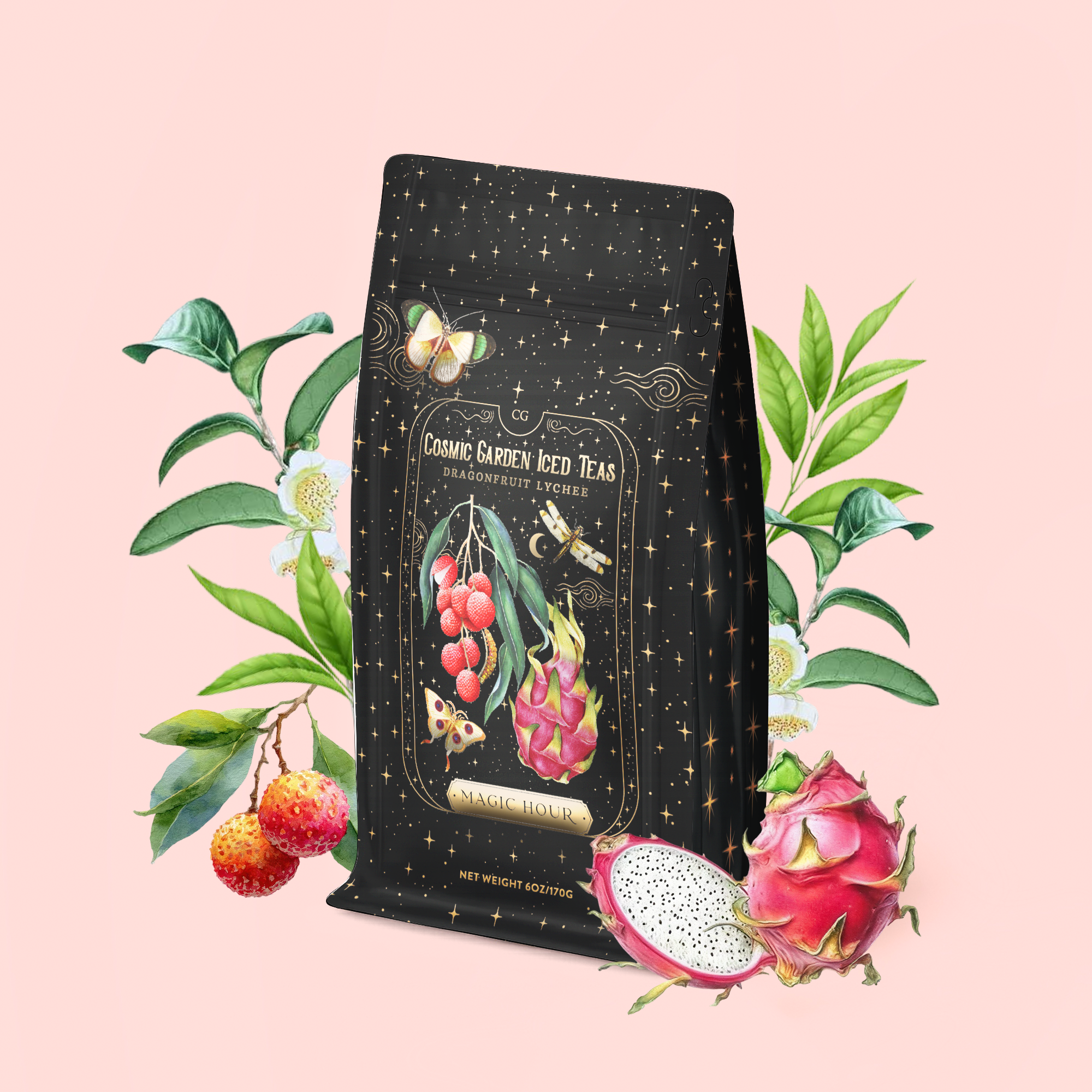 A tea bag labeled “Dragonfruit Lychee Green Iced Tea” with gold stars rests on a pale pink background, surrounded by juicy lychee, vibrant dragonfruit, and leafy branches. The infusion features organic sencha green tea for a refreshing blend.
