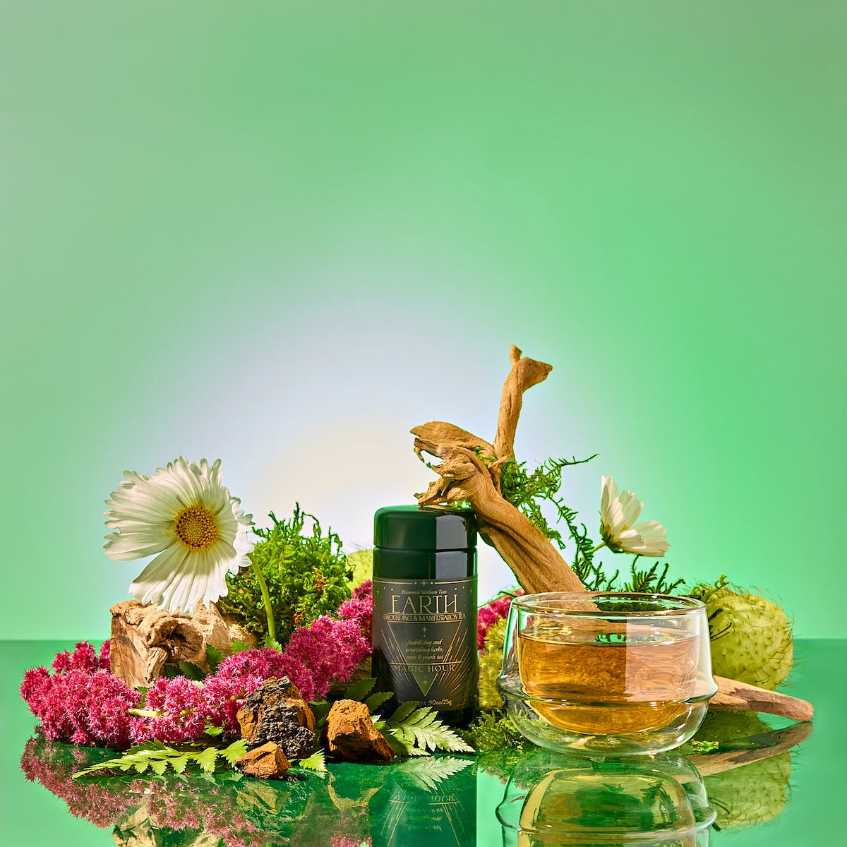 Earth: Stabilizing and Nourishing Herbs, Roots, and Puerh tea sits among colorful flowers, green moss, ferns, wood, rocks, and a glass cup of grounding tea on a reflective surface with a bright green gradient background.