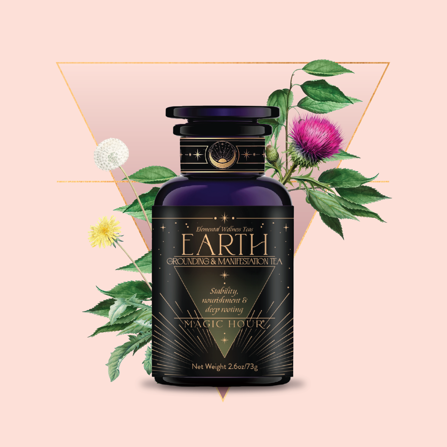A dark purple tea jar labeled &quot;EARTH Grounding &amp; Manifestation Tea&quot; rests amid green leaves and colorful flowers framed by a gold triangle—an inviting wellness blend featured in the Monthly Tea Subscription Box.