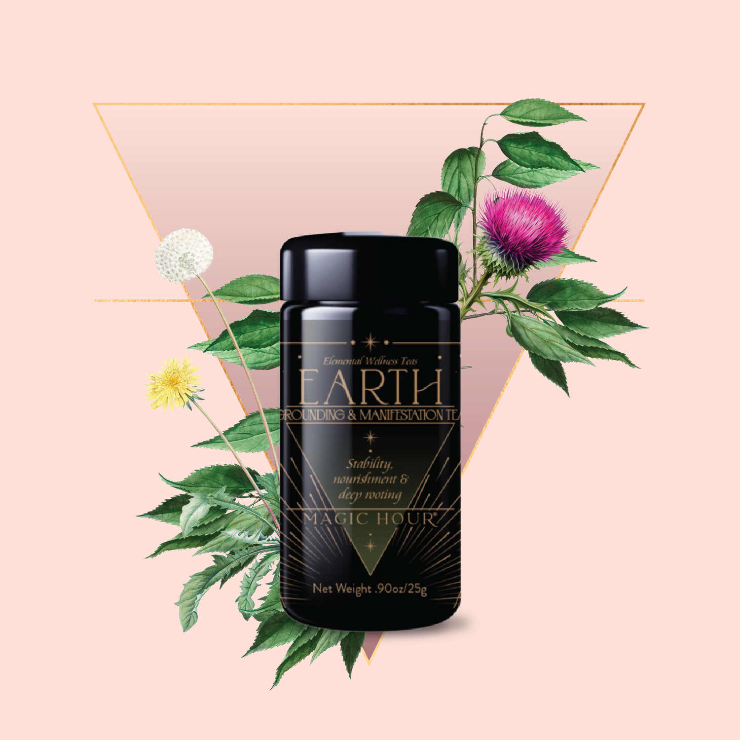 A black jar labeled &quot;Earth Grounding &amp; Manifestation Magic Hour&quot; sits among green leaves and flowers with a gold triangle on a blush pink background—an ideal feature for any Monthly Tea Subscription Box lover.