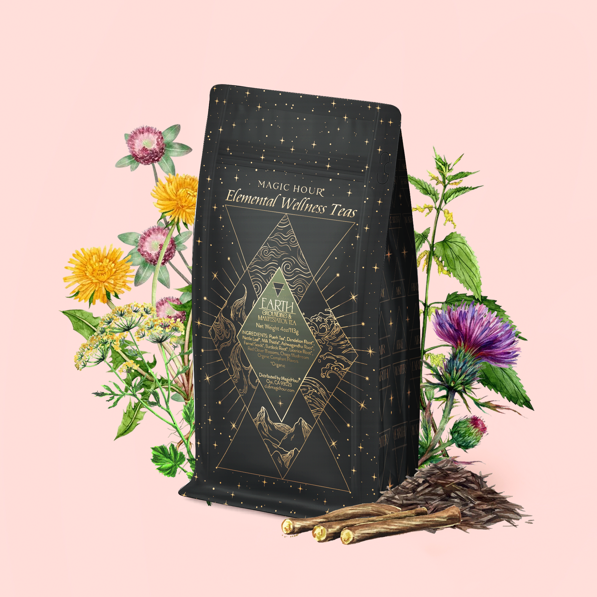 A black and gold bag of Earth: Stabilizing and Nourishing Herbs, Roots, and Puerh Tea for Digestion &amp; Grounding stands amid illustrated herbs and roots, including dandelion, artichoke, and yellow twigs, against a soft pink background.