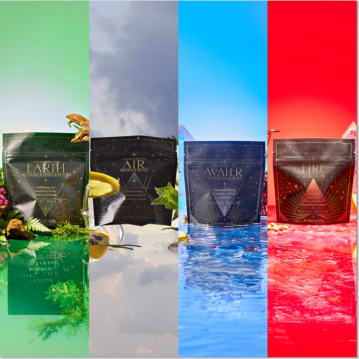 Four "She Rises" tea packages—Earth, Air, Water, and Fire—are showcased on vibrant backgrounds with themed props, reflecting a transformative year-end retreat experience with Zhena Muzyka & Athena Perrakis.